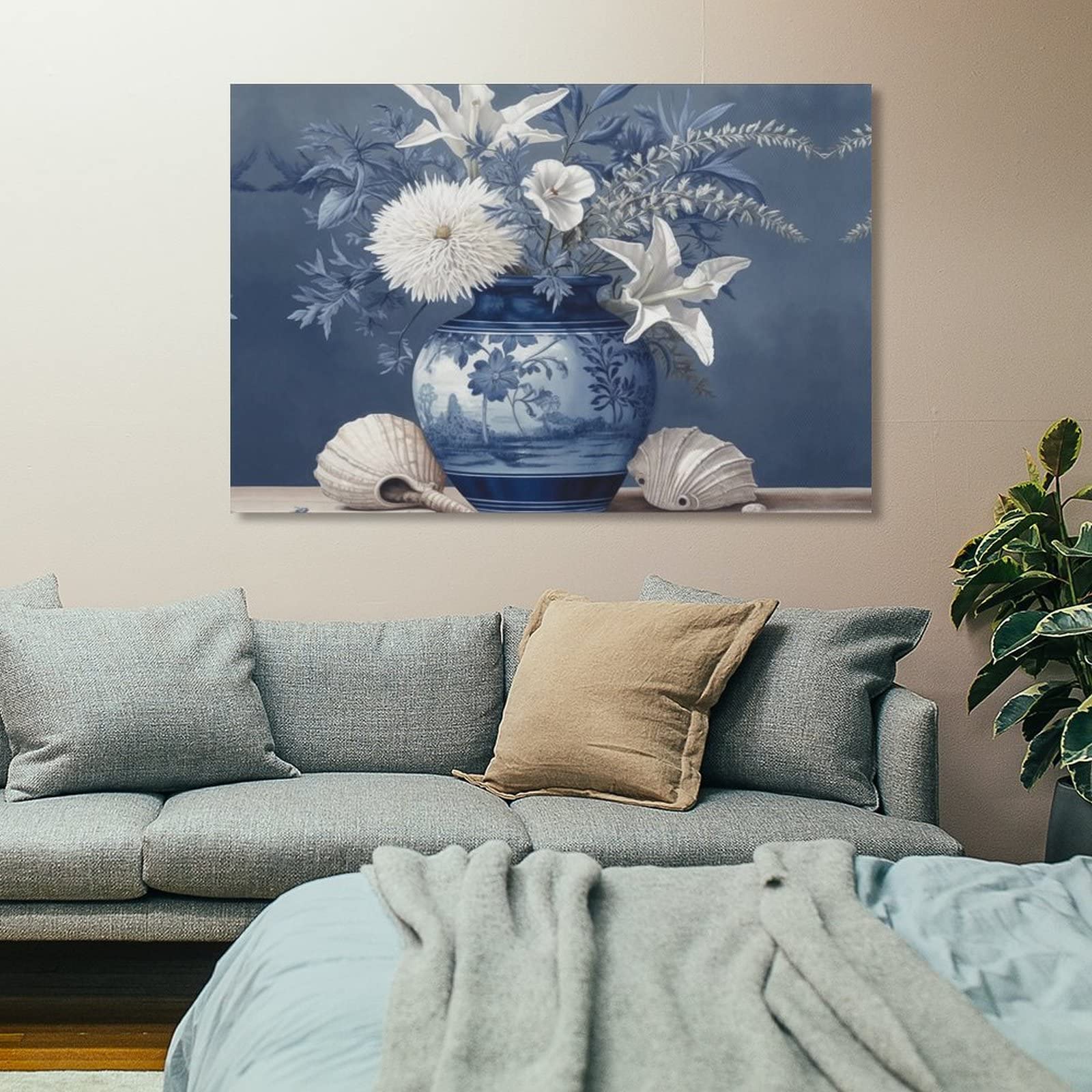KONIEE Vaso blu Conch Canvas Wall Art per camera da letto, vaso in ceramica decorazione da parete per camera estetica