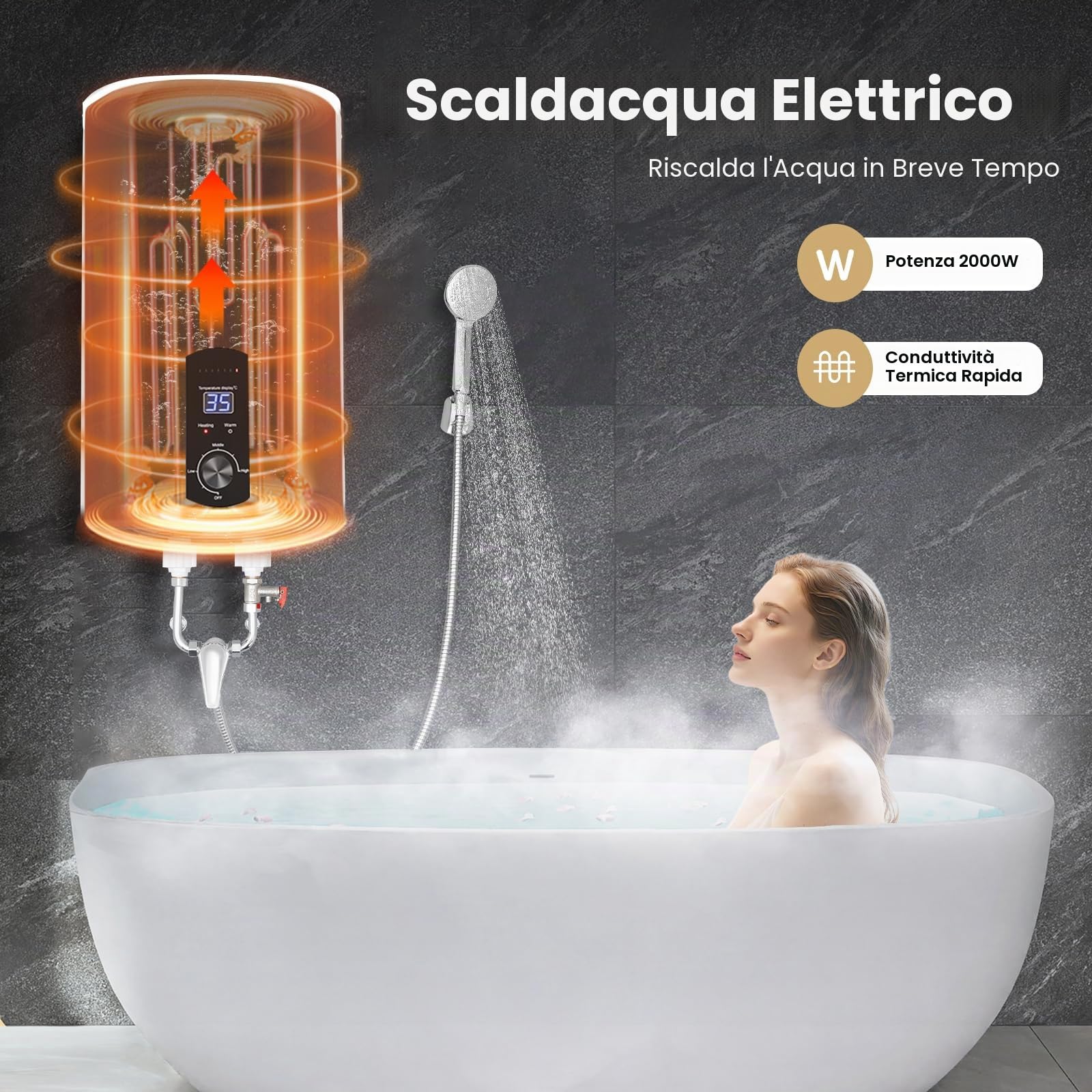 Contenitore elettrico per acqua calda, 50 L/100 L/120 l, 2000 W, caldaia elettrica, intelligente, funzionamento digitale, per bagno, lavello della cucina (bianco, 50 l)