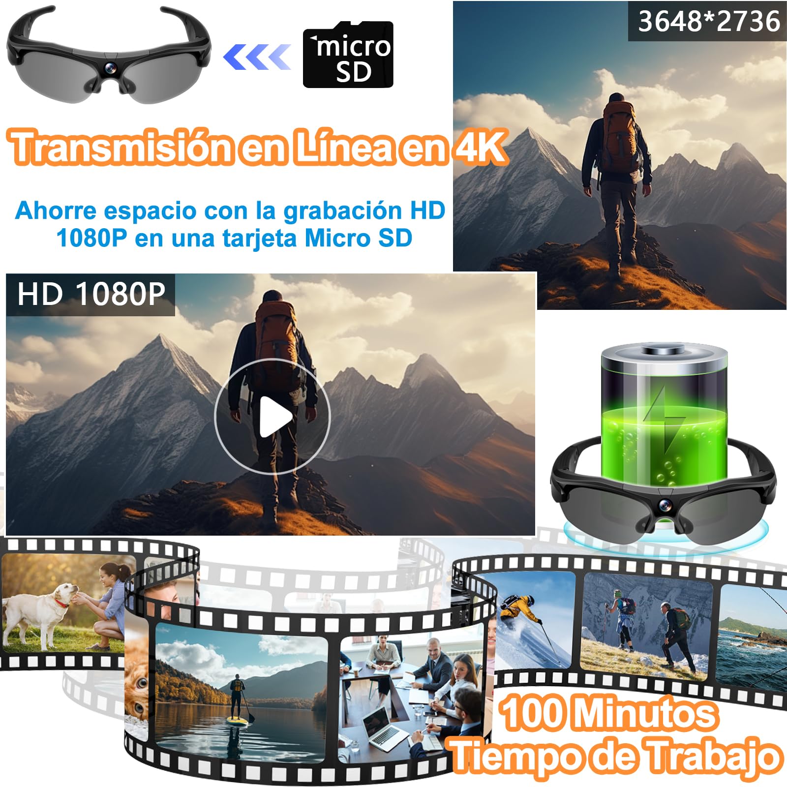 Gafas con Camara 4K WiFi 120° Gran Angular, Lentes Polarizadas | 100min batería, 256GB SD, grabación en bucle, lentes UV, estuche incluido