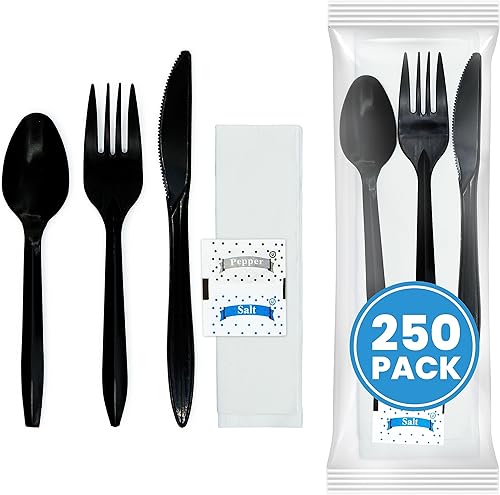 Miniatura 1 de Juego de cubiertos de plástico envueltos individualmente con servilleta + paquetes de sal y pimienta en negro (250 unidades) bolsas de cubiertos