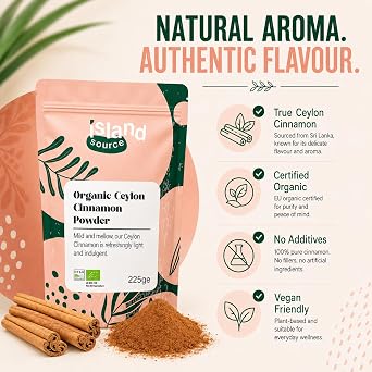 Island Source Organic Cinnamon Powder 225g - 100% Organic Ceylon Cinnamon Powder - Natural Ground Cinnamon, Vegan Cinnamomum for Juices, Cereals, Smoothies, Cooking and Baking