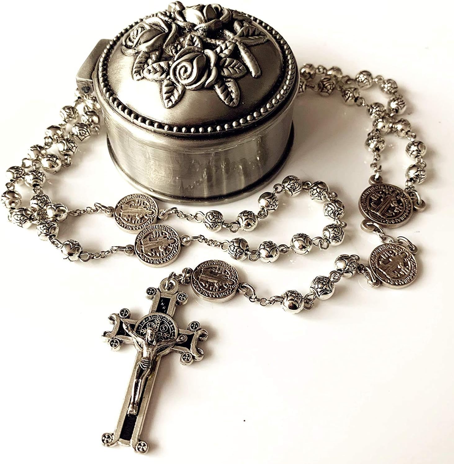 elegantmedical Handmade Silver Rose Beads St. Benedict gift Rosary Catholic Necklace Cross Jerusalem
