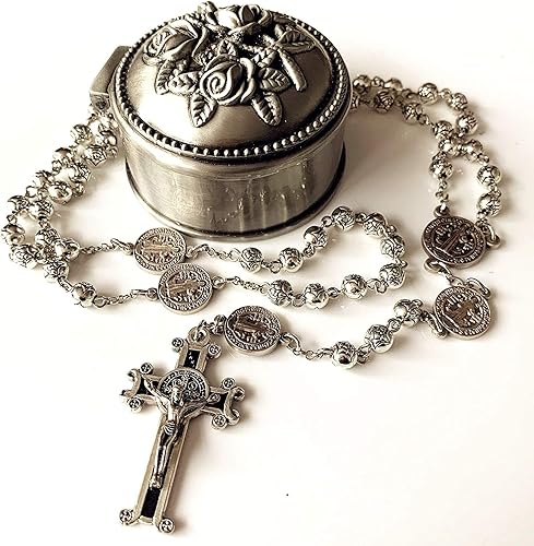 elegantmedical Hecho a mano de plata rosa cuentas San Benito regalo rosario católico collar cruz Jerusalén