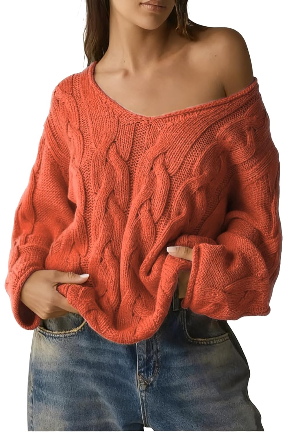 Melliflo Womens Oversized Cable Knit Sweater Fall V Neck Chunky Knit Sweater Casual Pullover Sweater Top