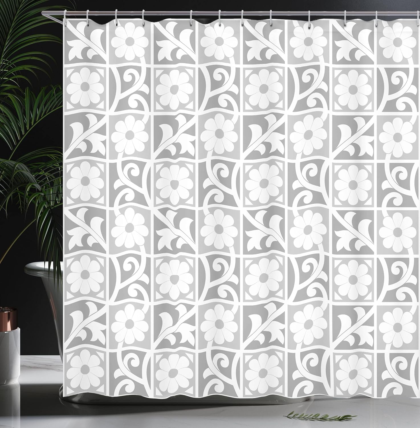 Ambesonne Grey Shower Curtain, Floral Ornaments Blooming Flowers in Squares Royal Abstract Themed Pattern Art Image, Cloth Fabric Bathroom Decor Set with Hooks, 69" W x 70" L, White Grey