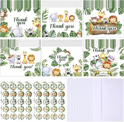 100 tarjetas de agradecimiento de la selva de safari con sobres, calcomanías de animales del bosque, tarjetas de felicitación de vegetación,
