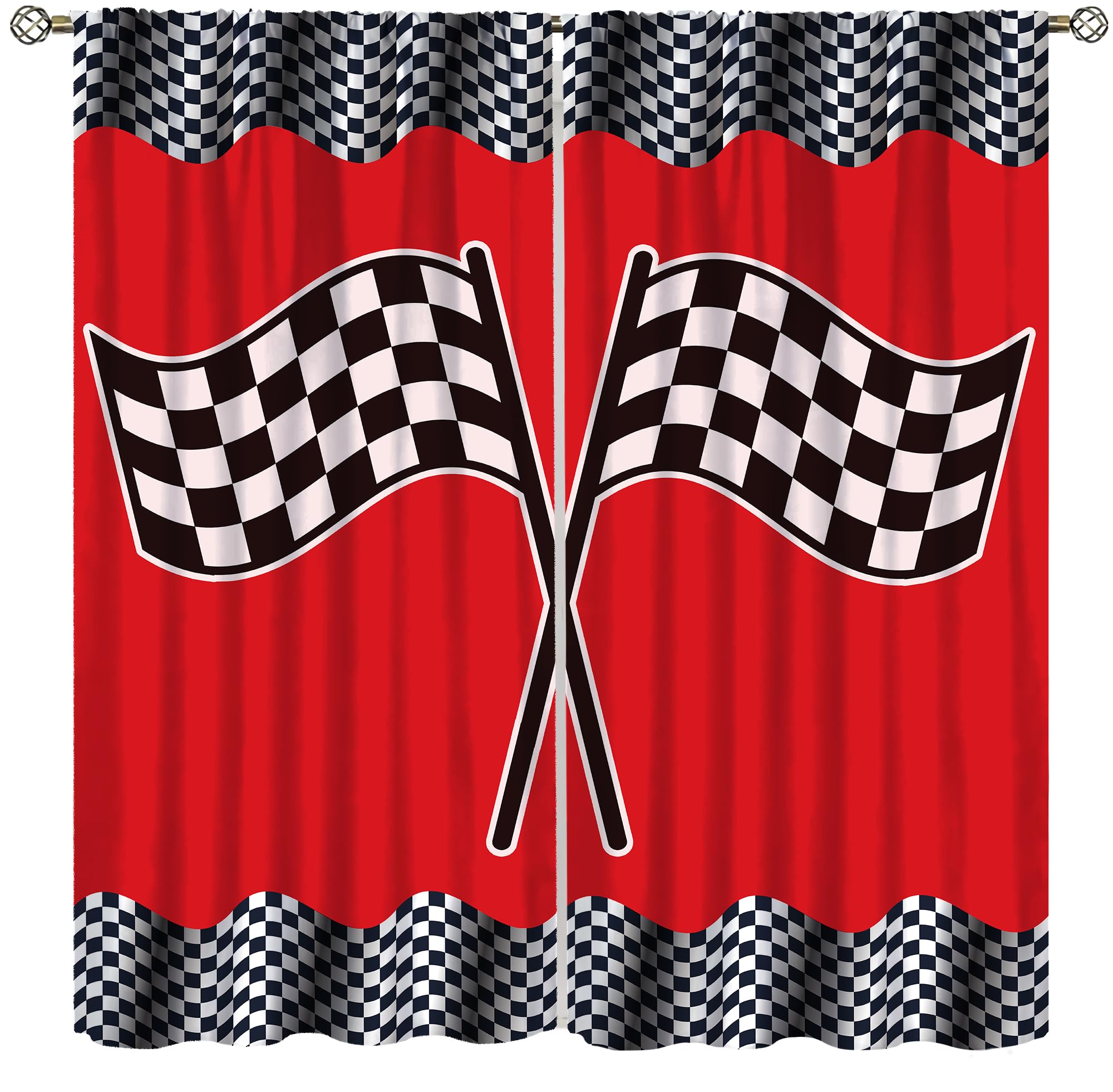 Wlsgdsg Boys Car-6 Racing Flag Curtains Cartoon Red Racing Race Black And White Checkered Flag Windows Treatments For Kids Nursery Living Room Bedroom 42X44.5inch（No Blackout）