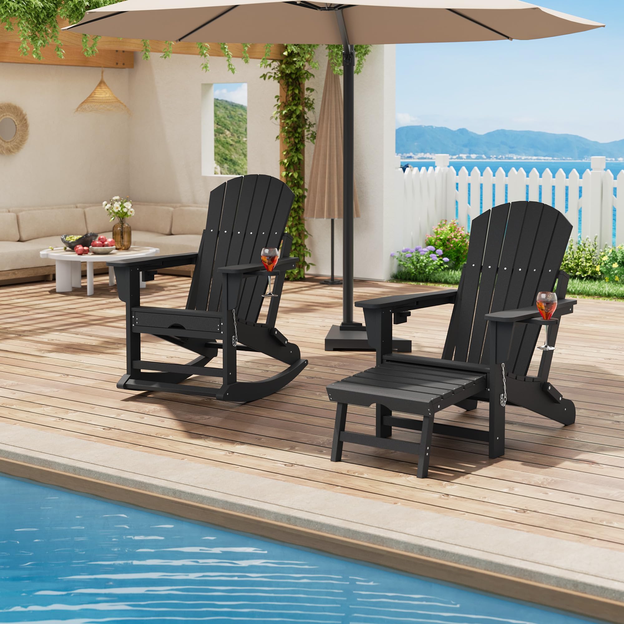 Klappbarer Adirondack Stuhl Mit Fußstütze & 2 Getränkehalter, Loungesessel Gartenstuhl Wetterfestes HDPE Gartensessel Für Garten, Terrasse Und Balkon, 181 kg Tragfähigkeit