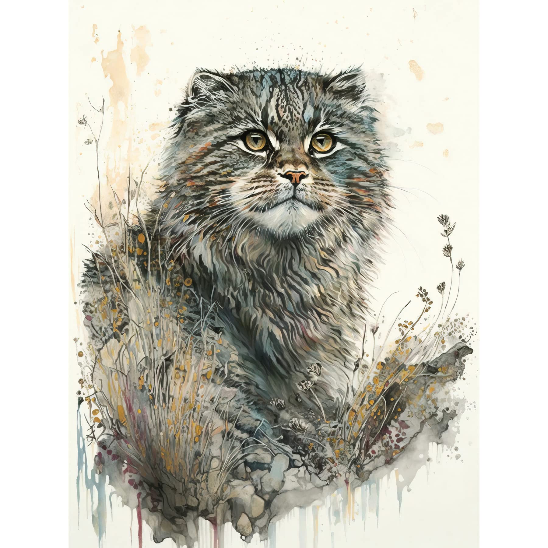 Artery8 Manul Pallas Cat Portrait in Wildflowers Watercolour Illustration Large XL Wall Art Canvas Print