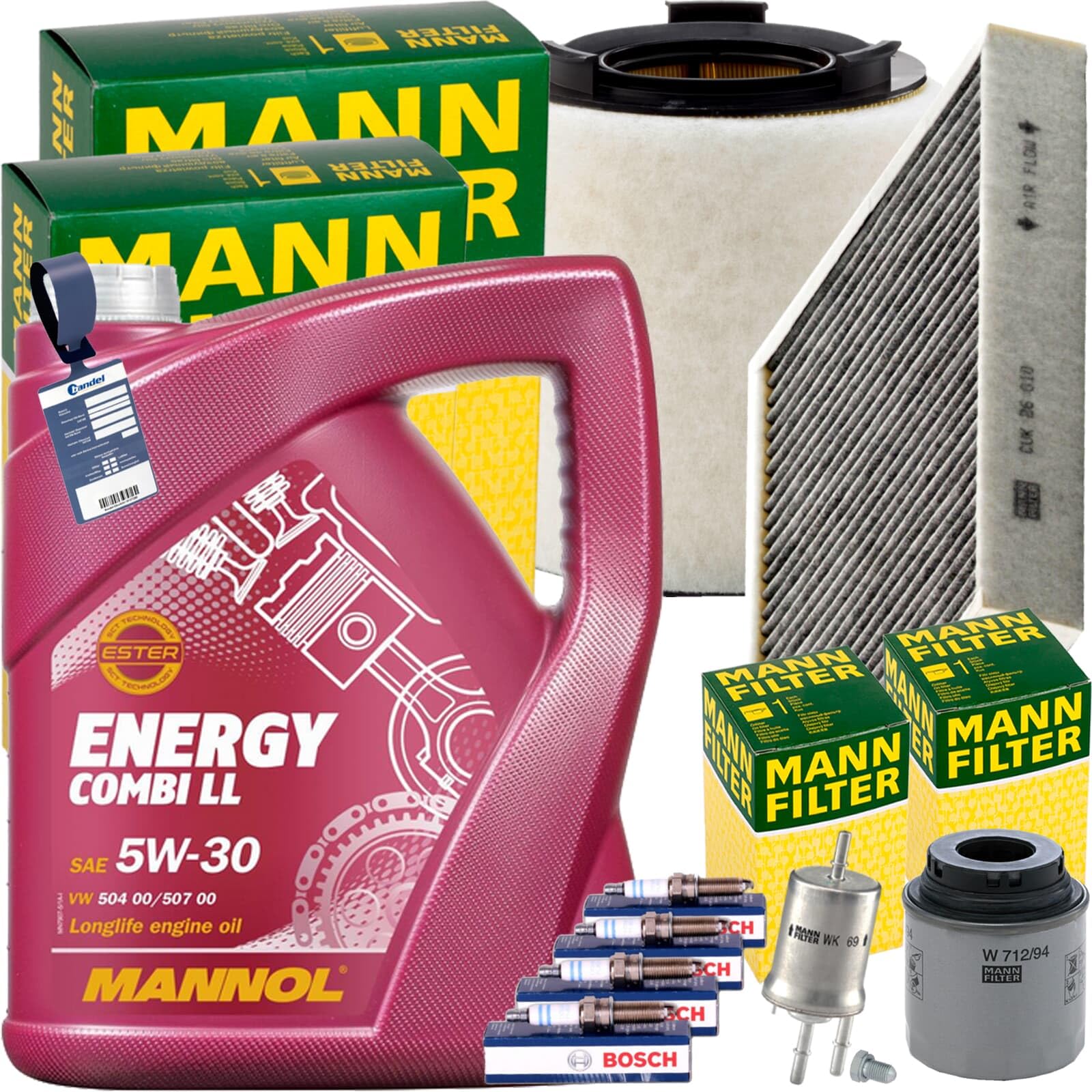 Mann Inspektionspaket+5L Mannol Nrg 5W-30 Öl | CUK26010+C15008+W712/94+588.670.001+Mn+0242240665 passend für A1 Polo 6R1 Tsi