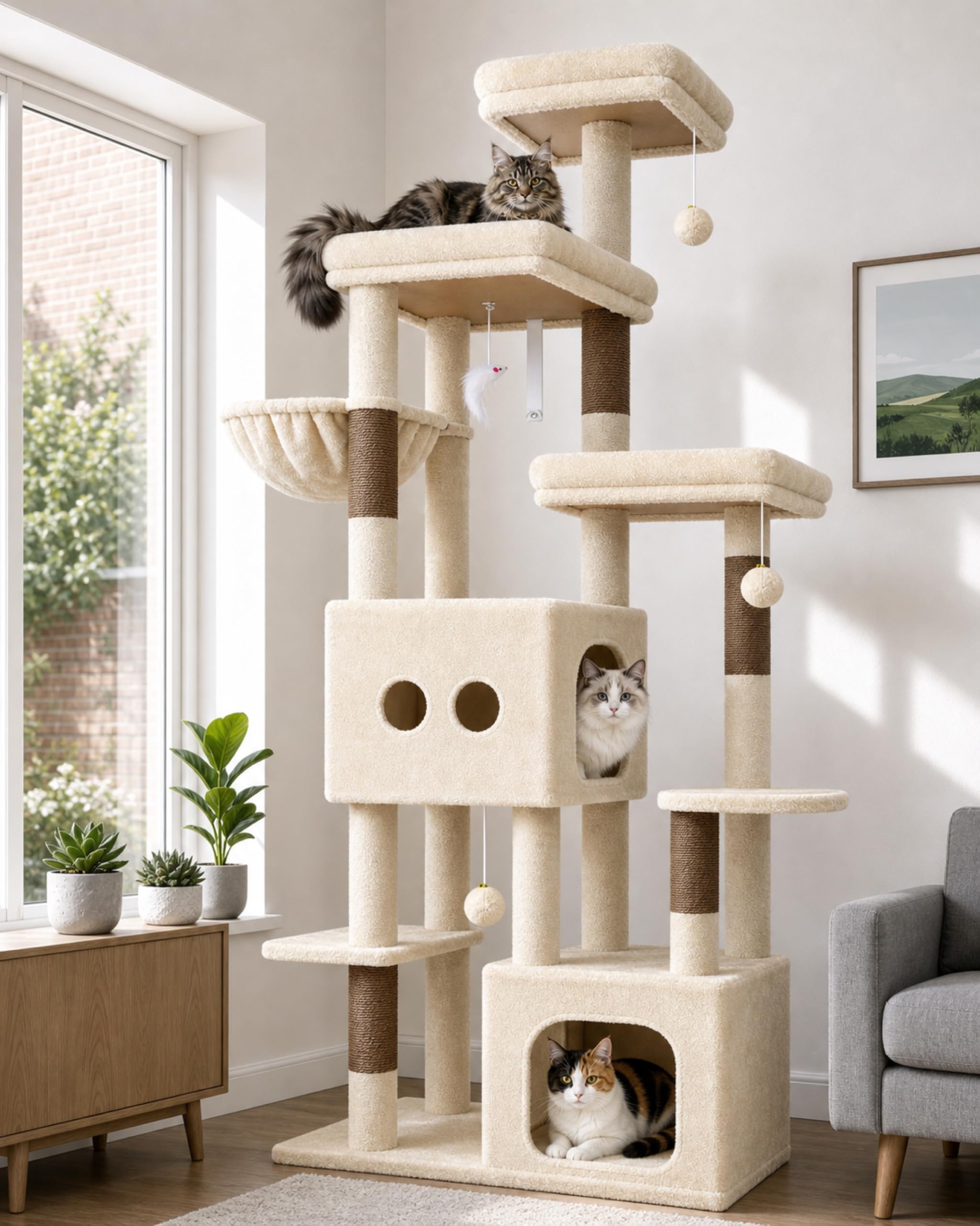 Globlazer Beige Arbre a Chat XXL pour Gros Chats 203 cm avec 2 Grande Niches 45*40*35cm, 2 Vaste Plate-Forme, Perchoir, Griffoir en Sisal, Panier, Arbres à Chat pour Grand Chats Adulte (F80E, Beige)