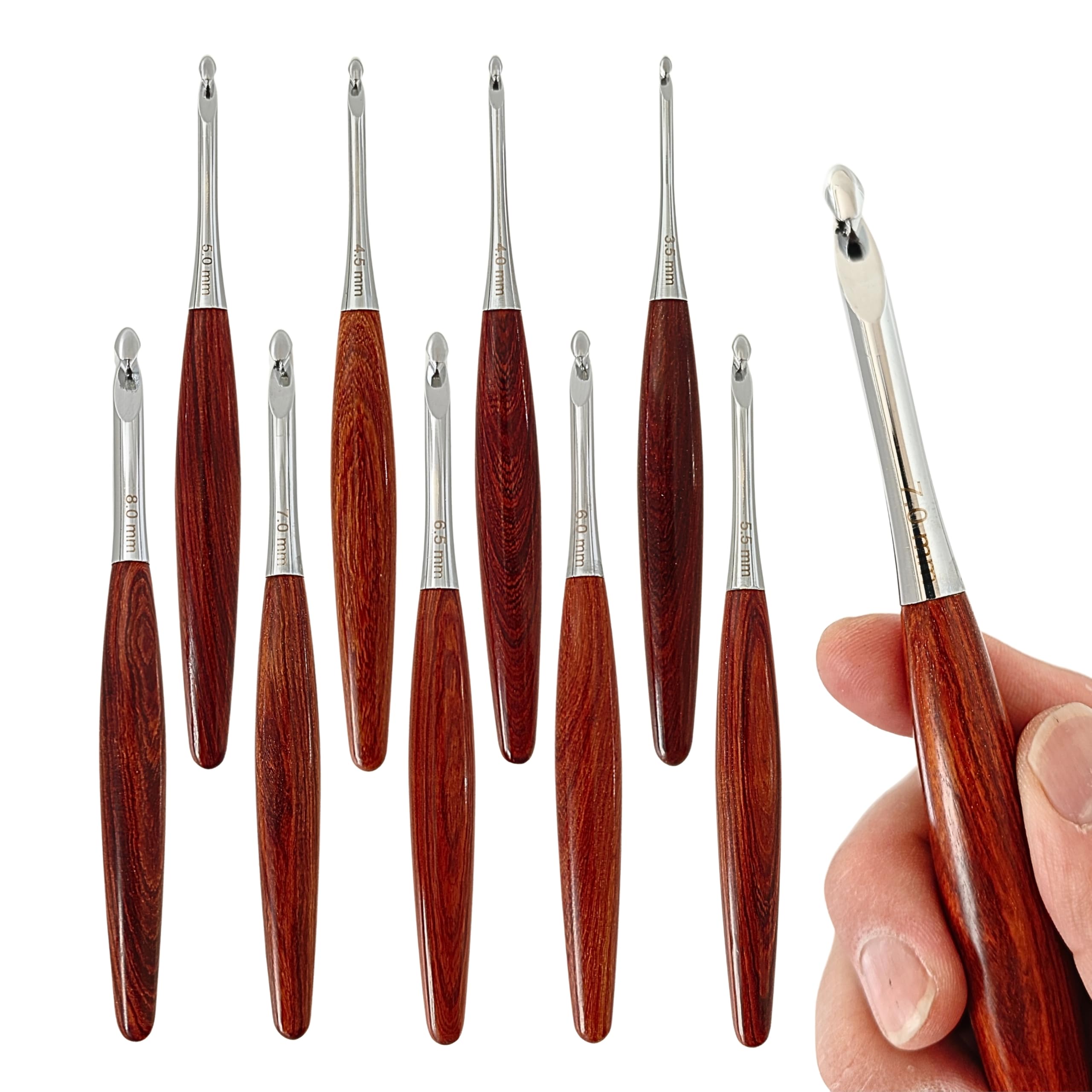 Aluminium-Häkelnadeln, ergonomisch, handpoliert, roter Sandelholzgriff, Häkelnadeln, Stricknadeln mit Aufbewahrungsbox, 9 Stück