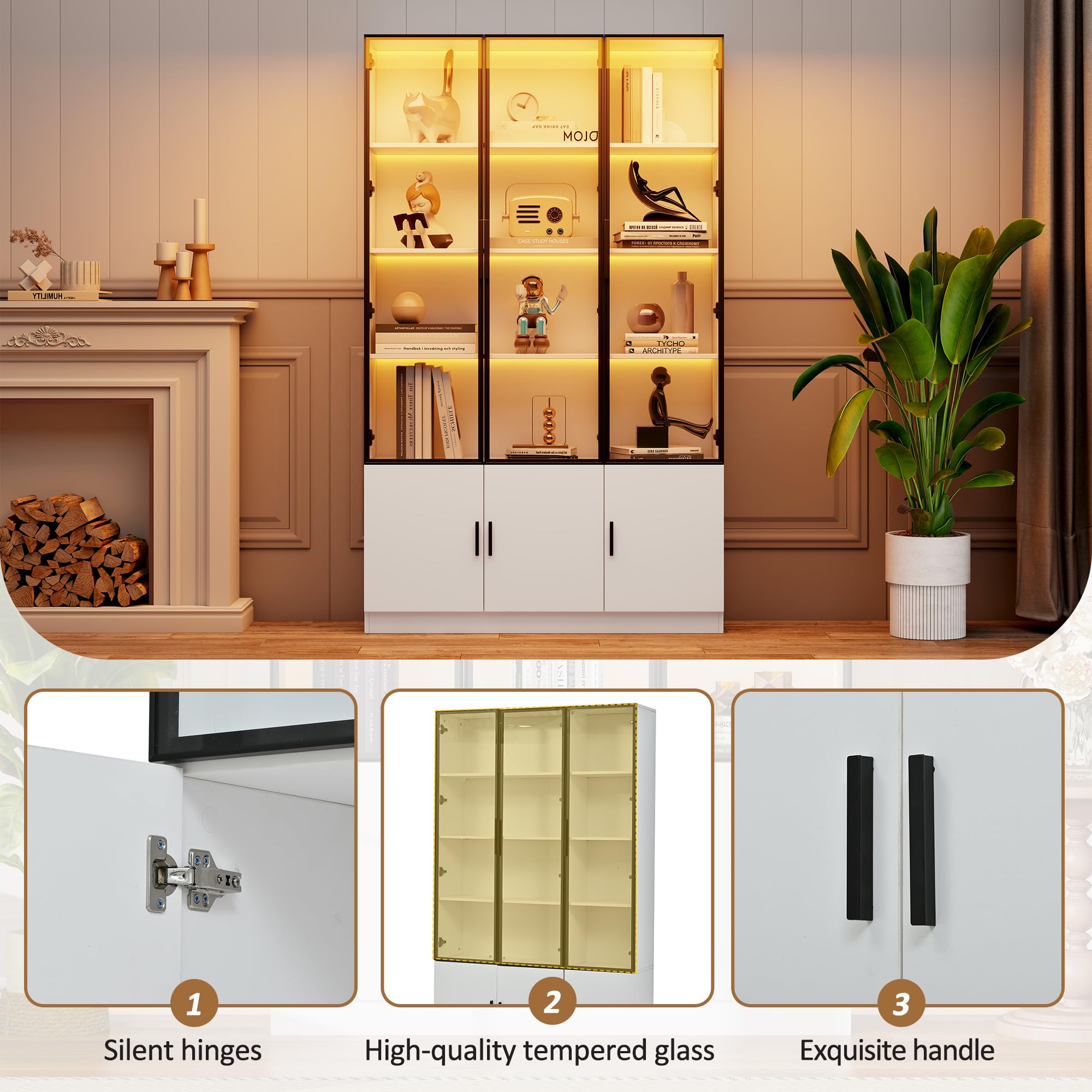 SACOOL Vetrina da 120 x 32 x 200 cm, con 6 ante per armadi, in vetro con LED, 120 cm di larghezza, armadietto multifunzione, grande armadio, bianco