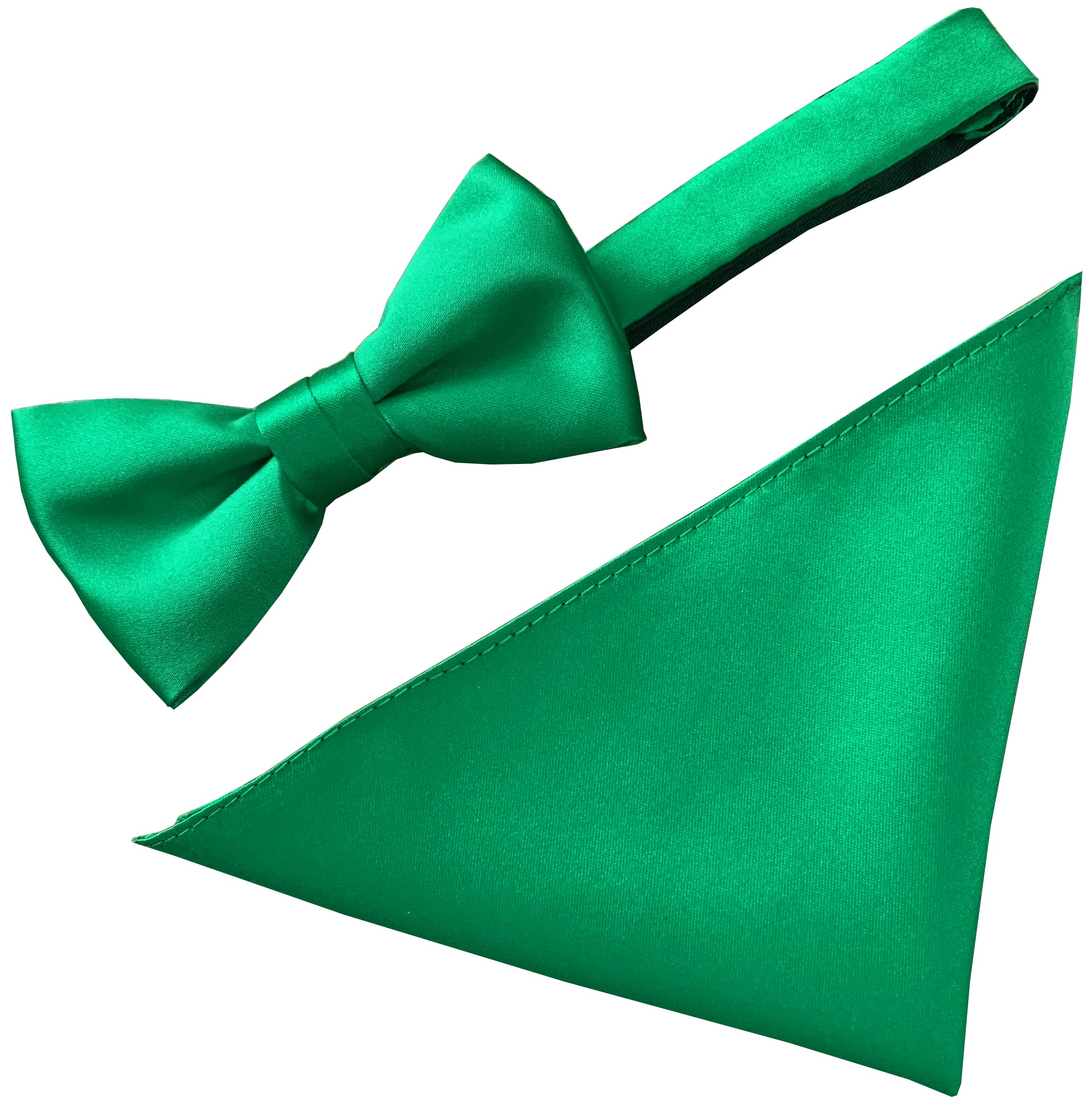 Great British Tie Club Men's Emerald Green Satin Bow Tie & Hanky Set (St. Patrick's Day)