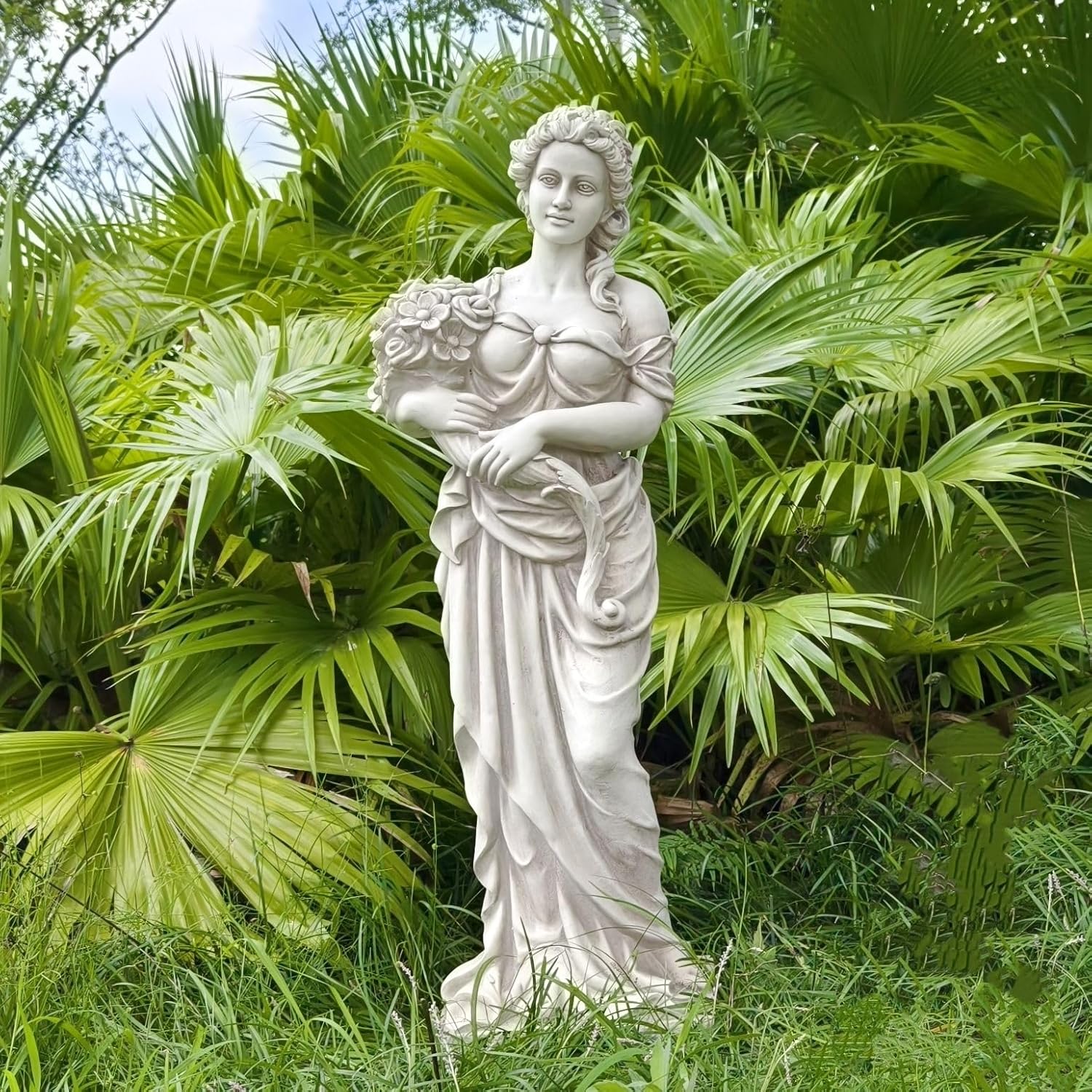 Large Spring Goddess of The Four Seasons Statue 45'' High Greek Mythology Garden Nymph Girl Maid with Holding Bouquet Outdoor Patio Yard Lawn Decor