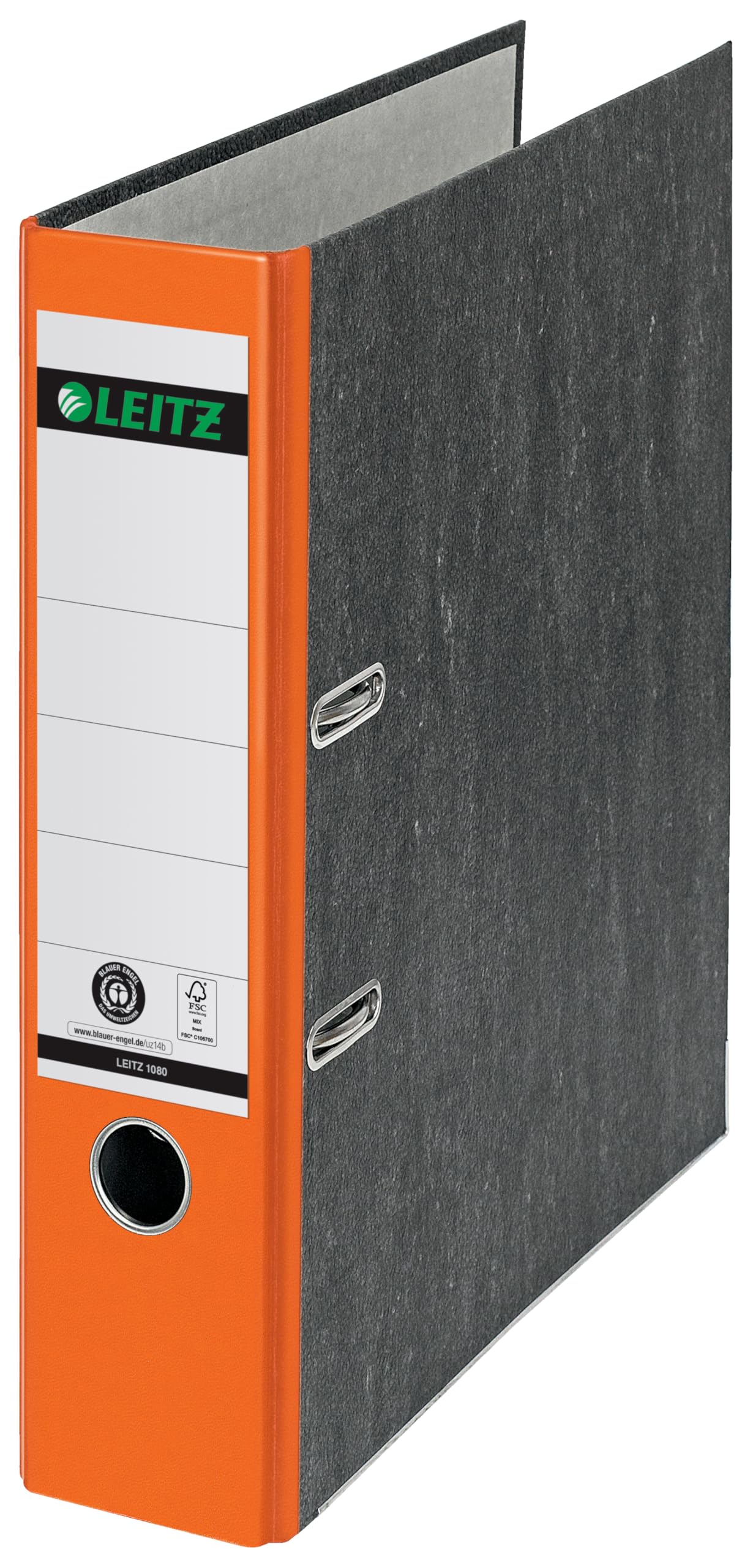Leitz Qualitäts-Ordner 180°, A4, 100 % recycelter Karton, 8 cm Rückenbreite, Wolkenmarmor-Papier, Oranger Rücken, 10805045