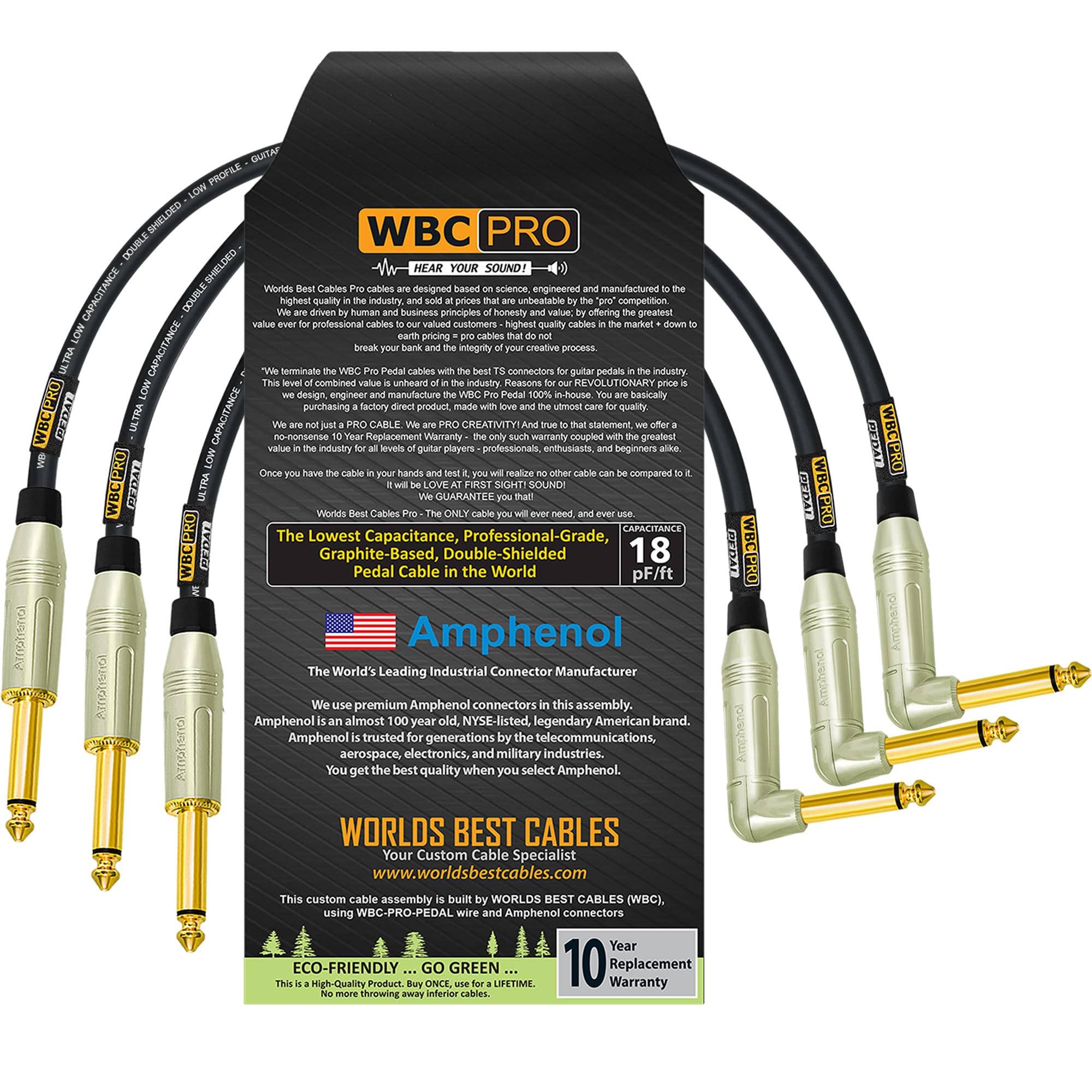 3 unidades – 12 pulgadas – Pedal WBC-PRO-– 22 AWG – Tapa baja (18pF/pies) – Grado profesional – Basado en grafito – Pedal de doble blindaje, efectos, parche, cable de instrumento y conectores TS