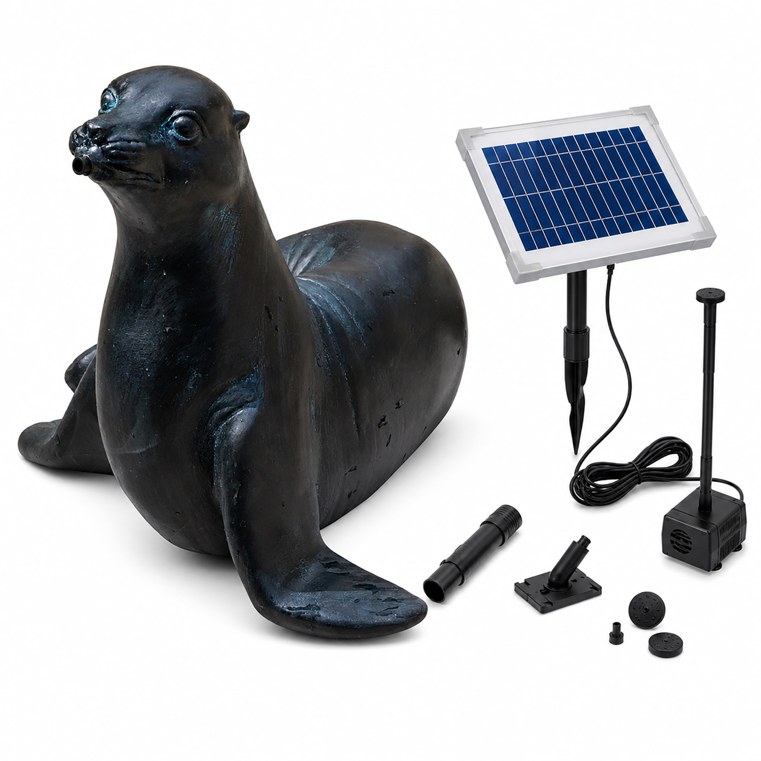 Esotec Solar Wasserspeier Komplettset, Seehund Figur Sammy, Gartenteich Wasserspiel, Vogeltränke, Vogelbad, Gartenbrunnen mit Solarpumpe, 2 Schläuche, H=25cm 101676