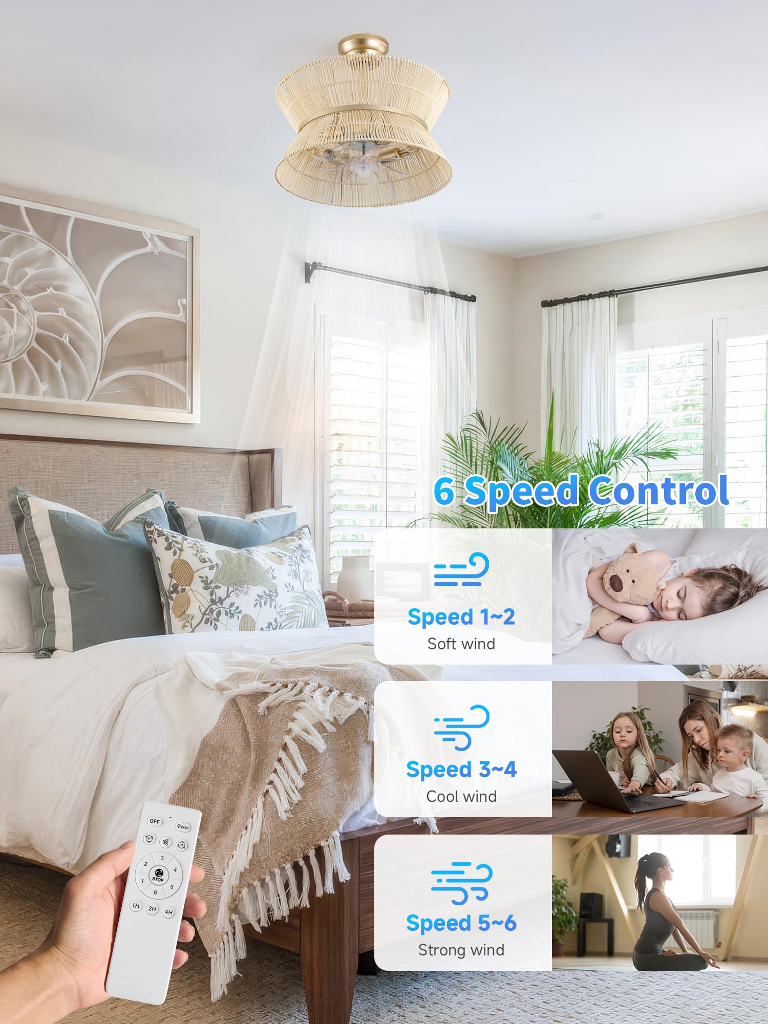 MizWacky Gold Crystal Fandelier Ceiling Fans with Lights, 20" Gold Flower Chandelier Ceiling Fan with Light Remote Control, Caged Mid-Century with 6 Speeds for Bedroom, Nursery, Living Room