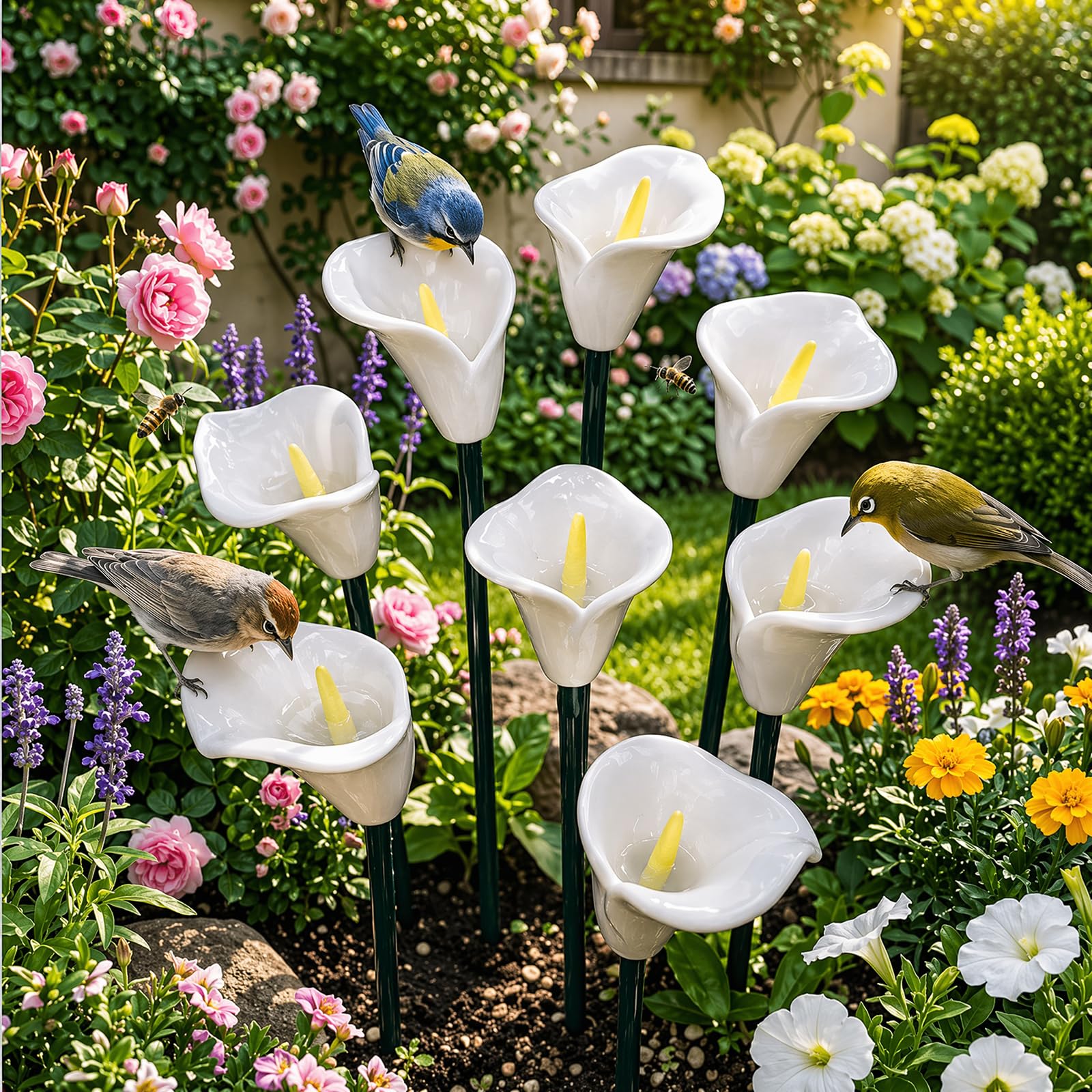 Handcrafted Ceramic Bee Watering Station, Mini Floral Pollinator Water Feeder, Weatherproof Butterfly Bird Bath Stake Ornament for Patio Lawn Balcony Planters Outdoor Garden-8PCS-M