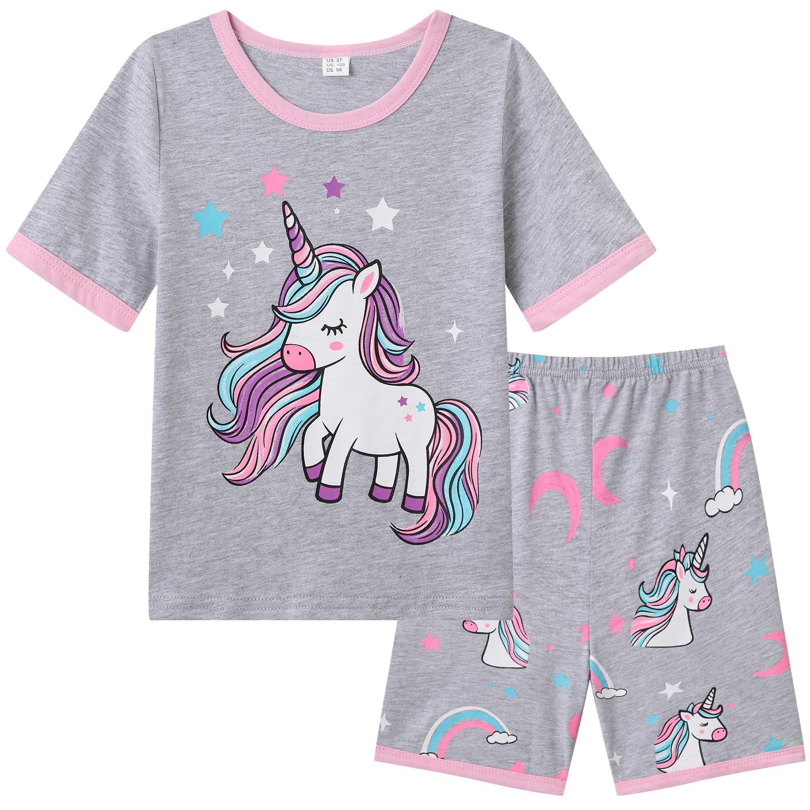 Dinopjs Mädchen Kurzarm Schlafanzug Lounge Einhorn Dinosaurier Giraffe Pyjama Set T-Shirts mit Shorts Girls Home Wear Bekleidung Bequeme und Atmungsaktive Familienkleidung für 2-12Y Kinder