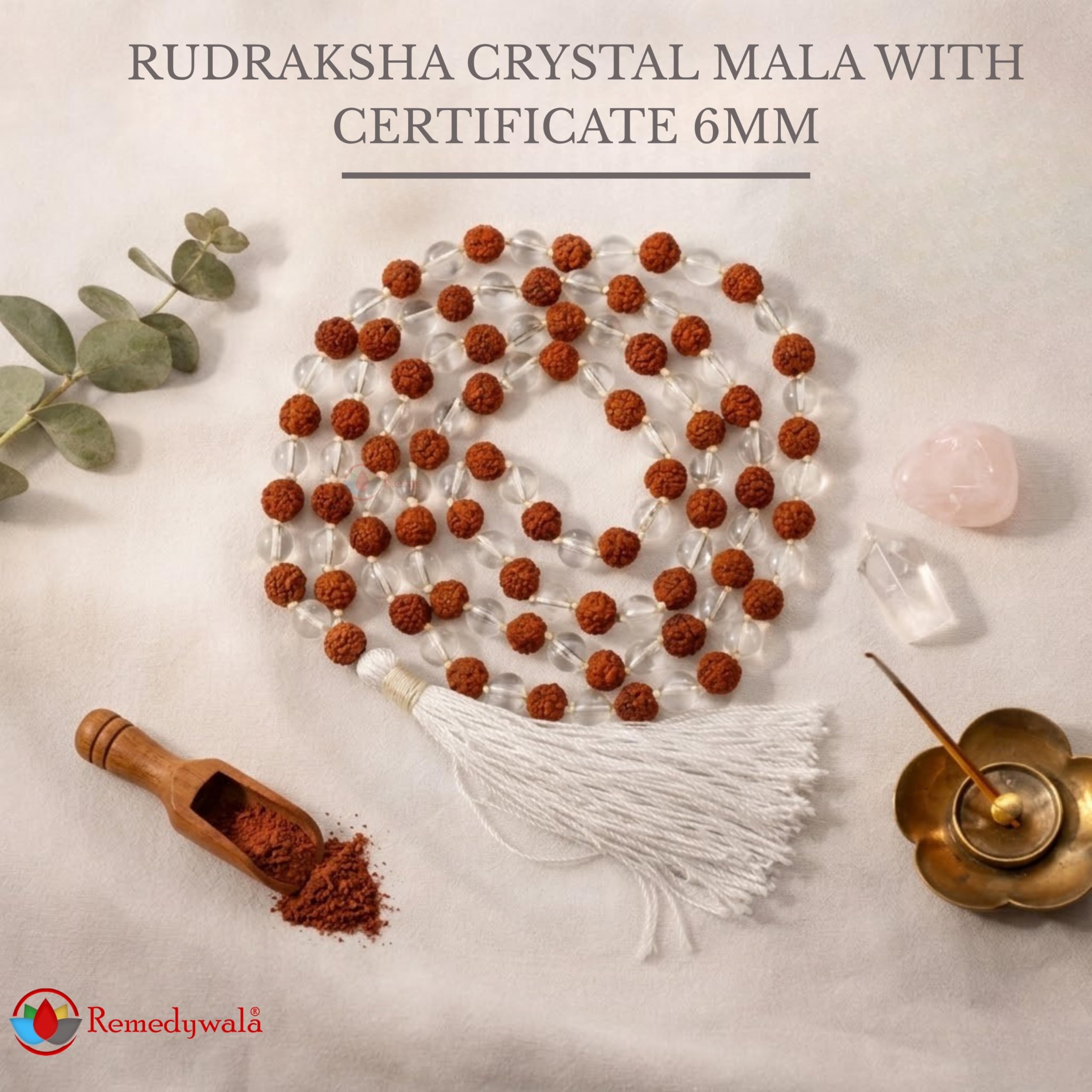 Remedywala Certified Natural Rudraksha & Crystal Mala 108 Beads 6mm | Original Jap Mala for Meditation, Chanting, Pooja & Spiritual Wearing | Positive Energy, Peace & Focus