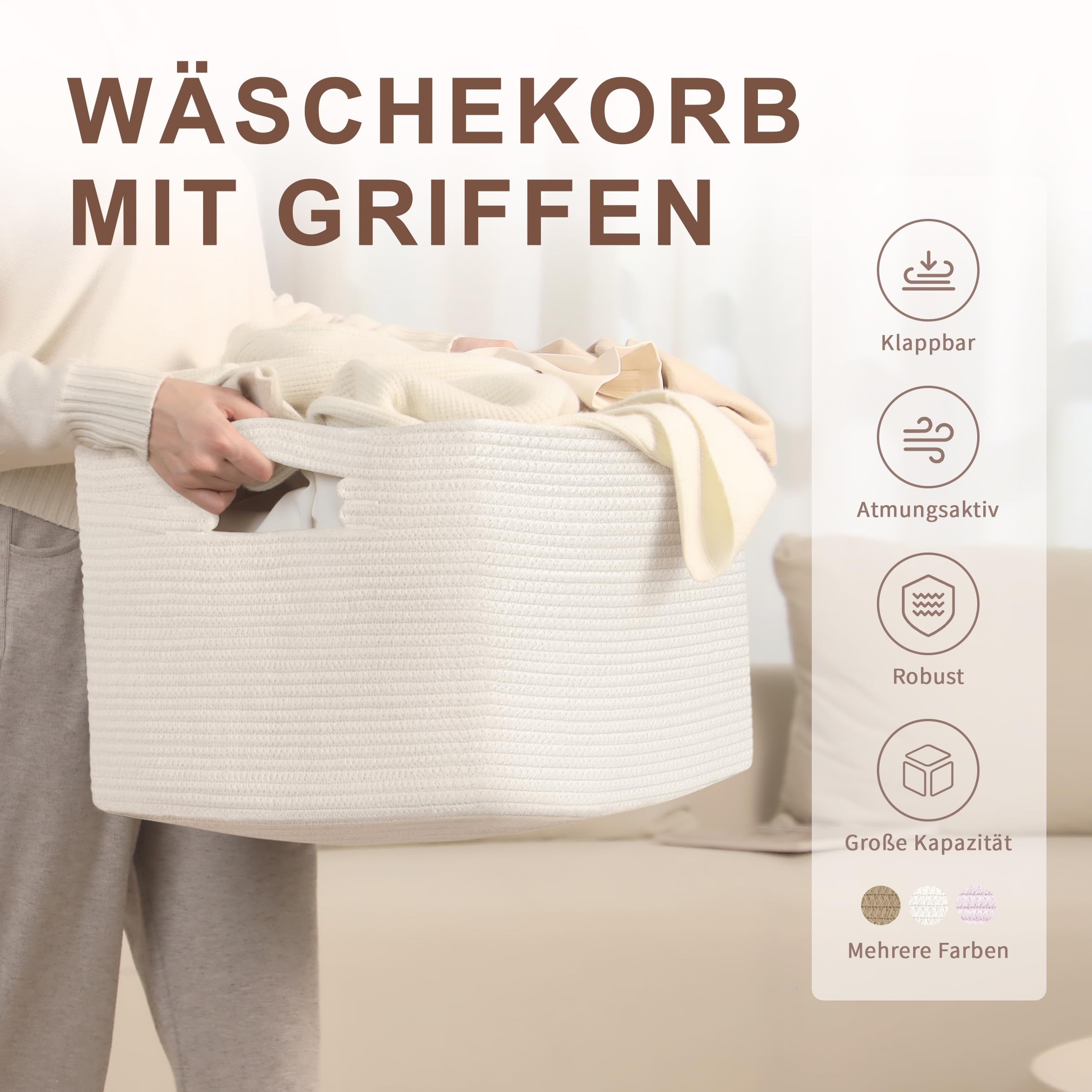 Grand panier de rangement en corde de coton, panier bohème pour jouets, couvertures, panier à linge tressé, panier à linge, rangement pour salon, chambre d'enfant, blanc