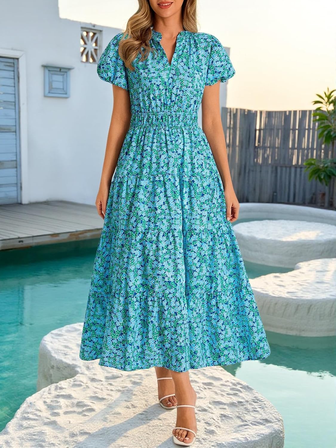 Wenrine Womens Summer Floral Maxi Dress Casual V Neck Puff Short Sleeve Smocked Loose Boho Beach Dresses with Pockets - Image 3