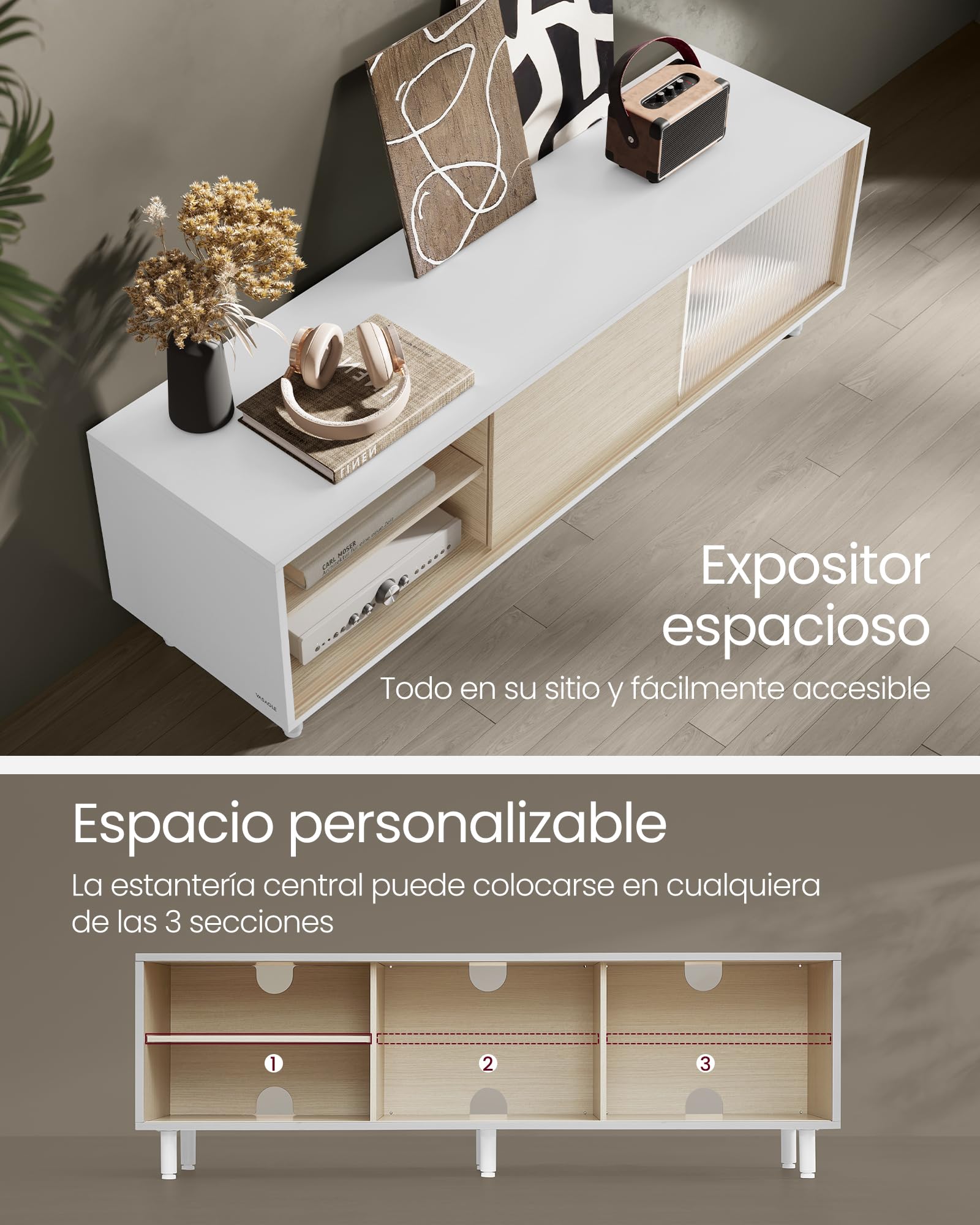VASAGLE Mueble TV para Televisores de hasta 32/45/50/55/60 Pulgadas, Montaje Súper Rápido Sin Herramientas Toolless, para Salón, Vidrio Ranurado, Moderno, 140 x 39 x 45 cm, Blanco LTV466W01