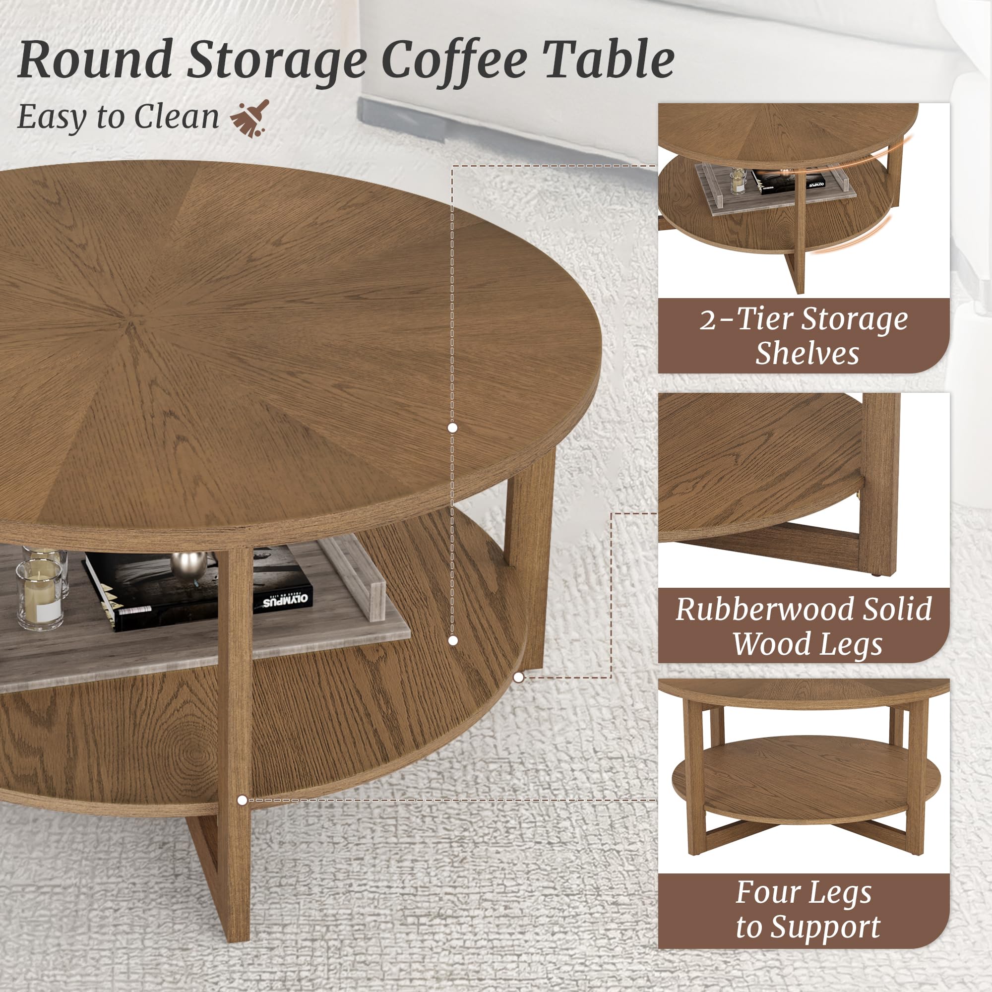 Amazon.co.jp: Cozyman ラウンドコーヒーテーブル 35インチ 素朴で