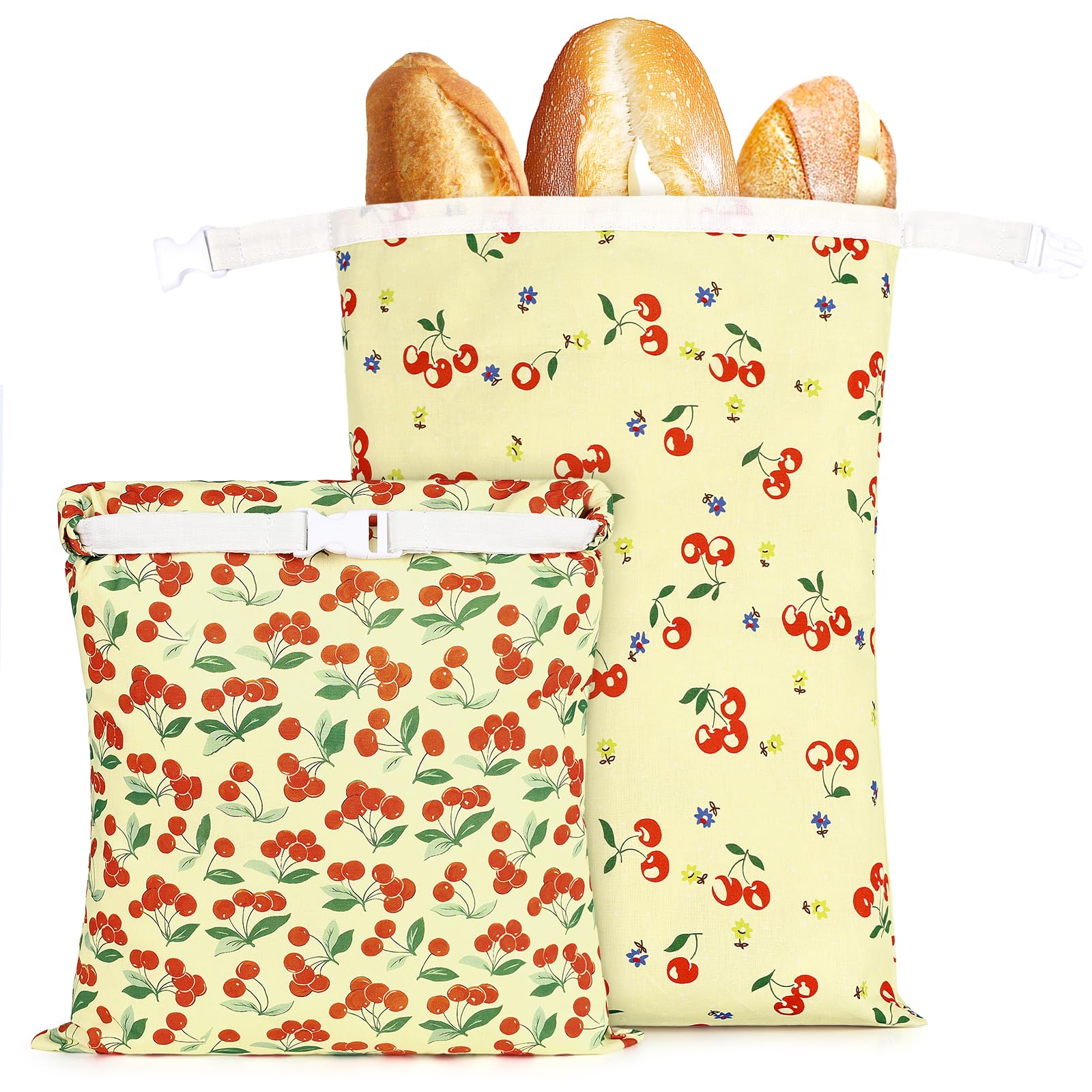 2 Pcs Sacs a Pain Tissu Réutilisables en Polyester avec Doublure en Cire d'abeille Sac à Pain pour Conserver le Pains Beeswax Bread Bag Conservation Croissant Baguette Fruits Légumes-43*30cm(Cerises)