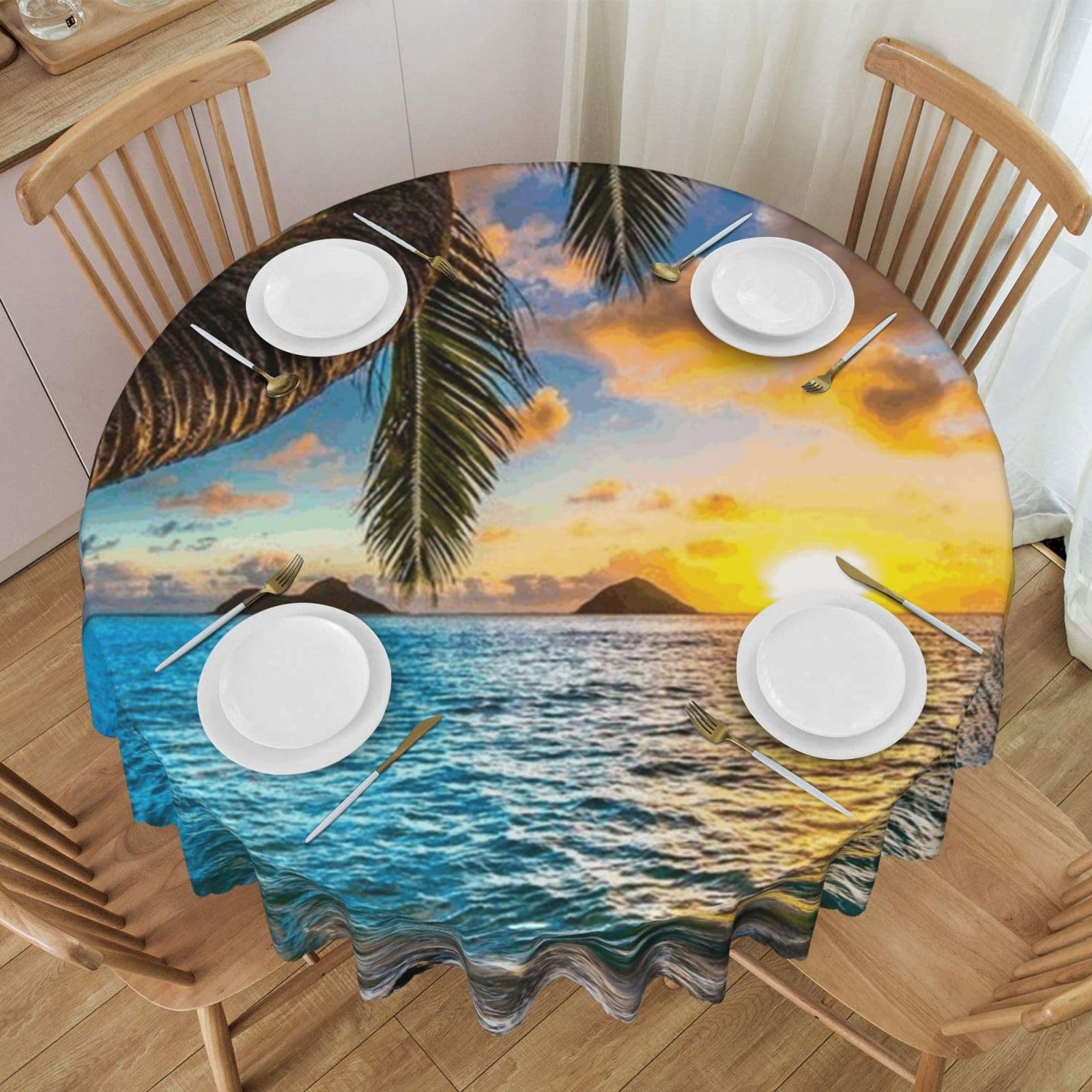 DCEHGEW 60 In Round Tablecloth with Lace, Sunset Beach Printed Oilproof & Washable Fabric Picnic Table Cloth Table Covers