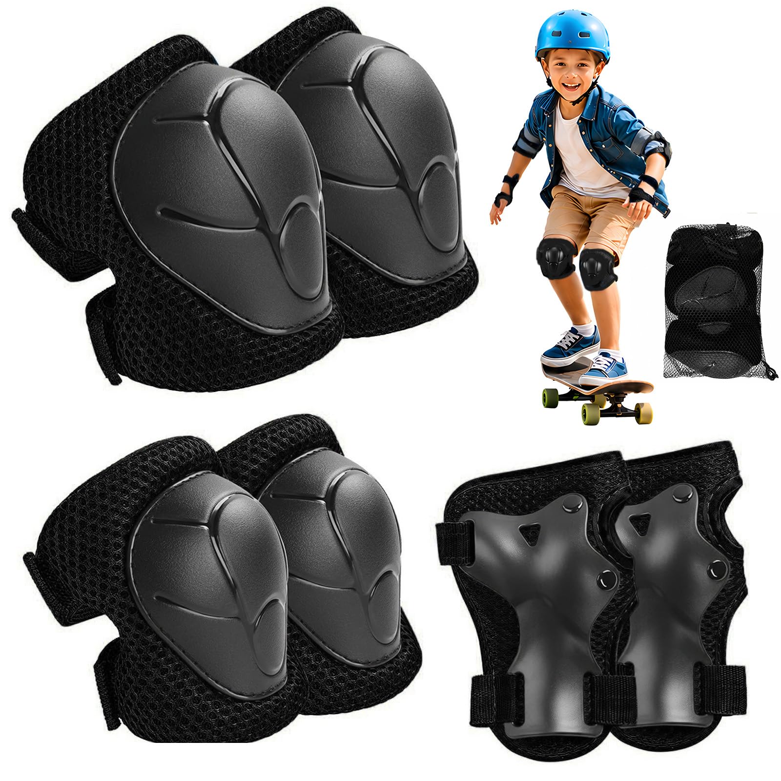 Lafefe 6PCS Black Kids Protective Gear Set Knee Elbow Wrist Pads, Lightweight Breathable Mesh & Hard Shell, Adjustable Straps Safety Pads S Size for Roller Skating Cycling Skateboard