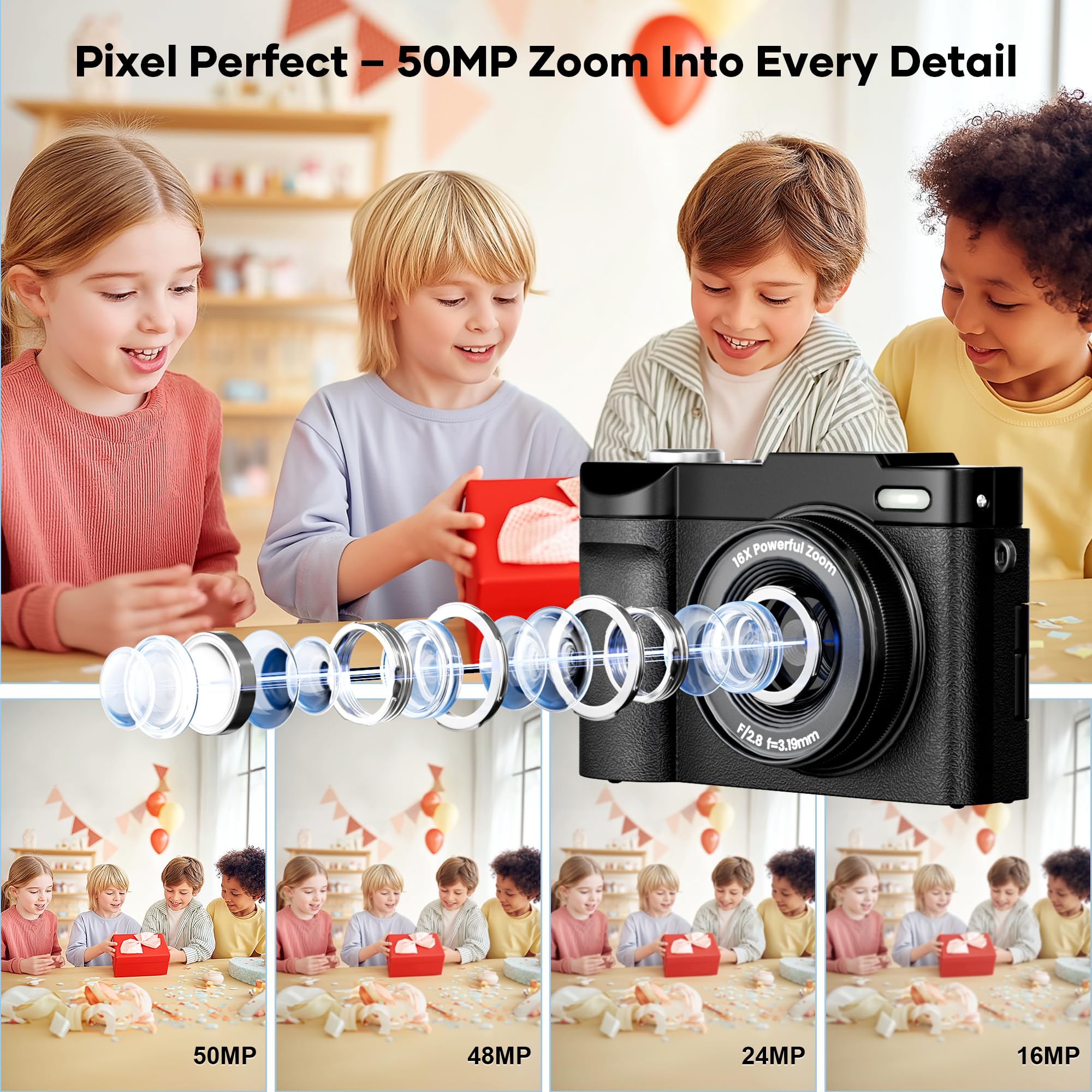 Fotocamera digitale 4K per la fotografia con messa a fuoco automatica, fotocamera da 50 MP con autofocus Vlogging da 2,8 pollici, 180 °, zoom 16x, fotocamere compatte con 64 GB, scheda SD e 2 batterie