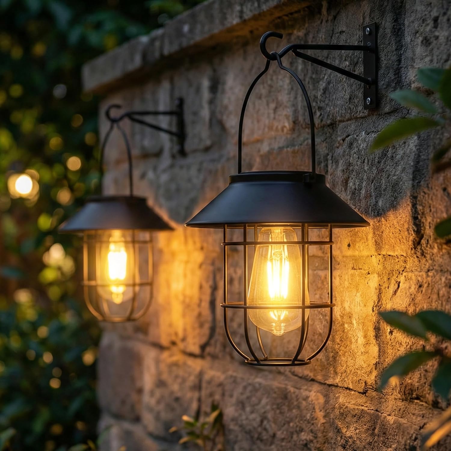 Livinlarge Solar Lanterns Outdoor Waterproof,Hanging Solar Lights for Outside with Wall Hooks Windproof Hook,Retro Metal Outdoor Lanterns Auto On/Off for Porch,Patio,Garden,Yard Decor 2 Pack（Black）