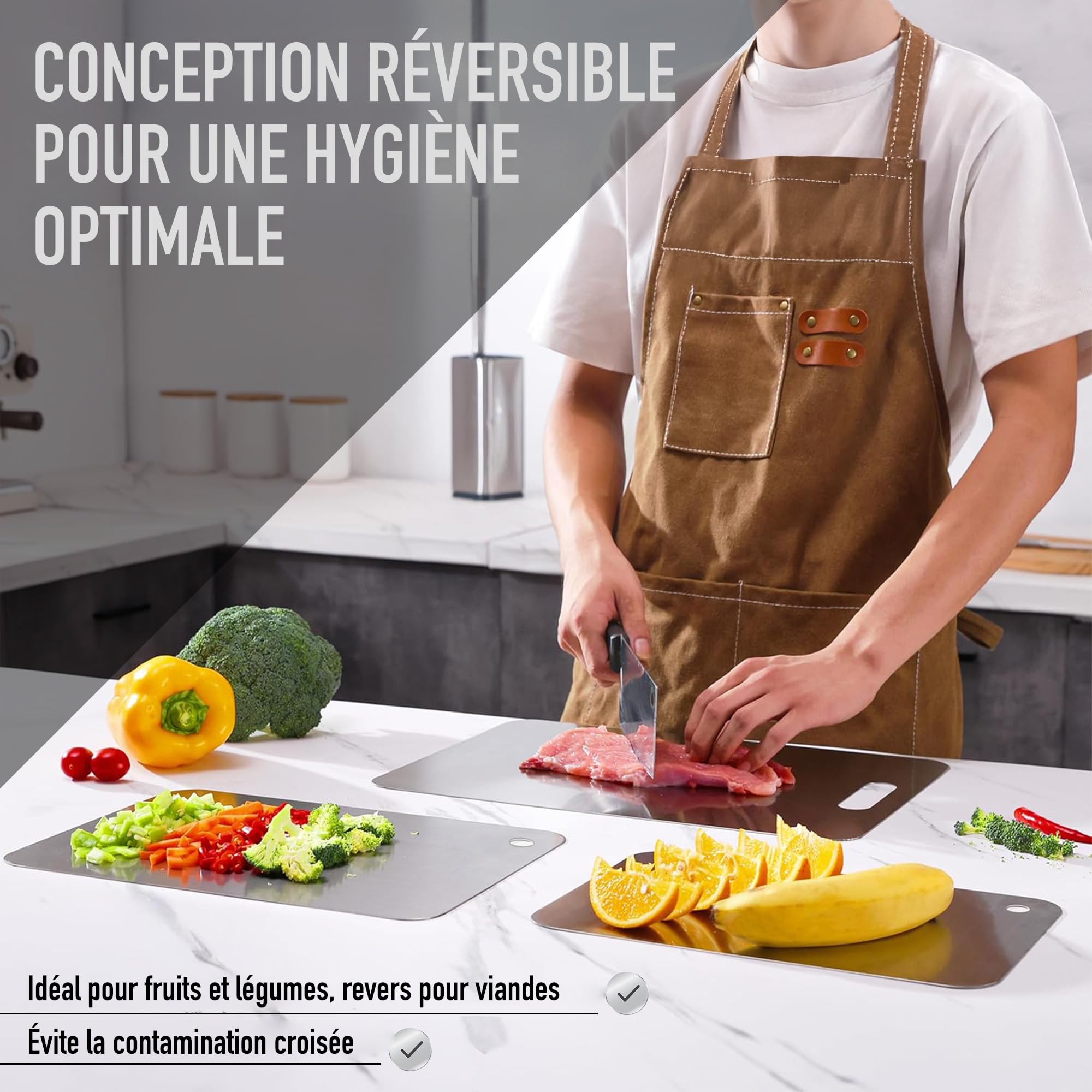 PACK 3 Planche à Découper en Acier Inoxydable SUS316/SUS304 avec Revêtement Titane + Crochets et Chiffons de Nettoyage - Antibacterien, Reversible et Resistant | 3-Stars