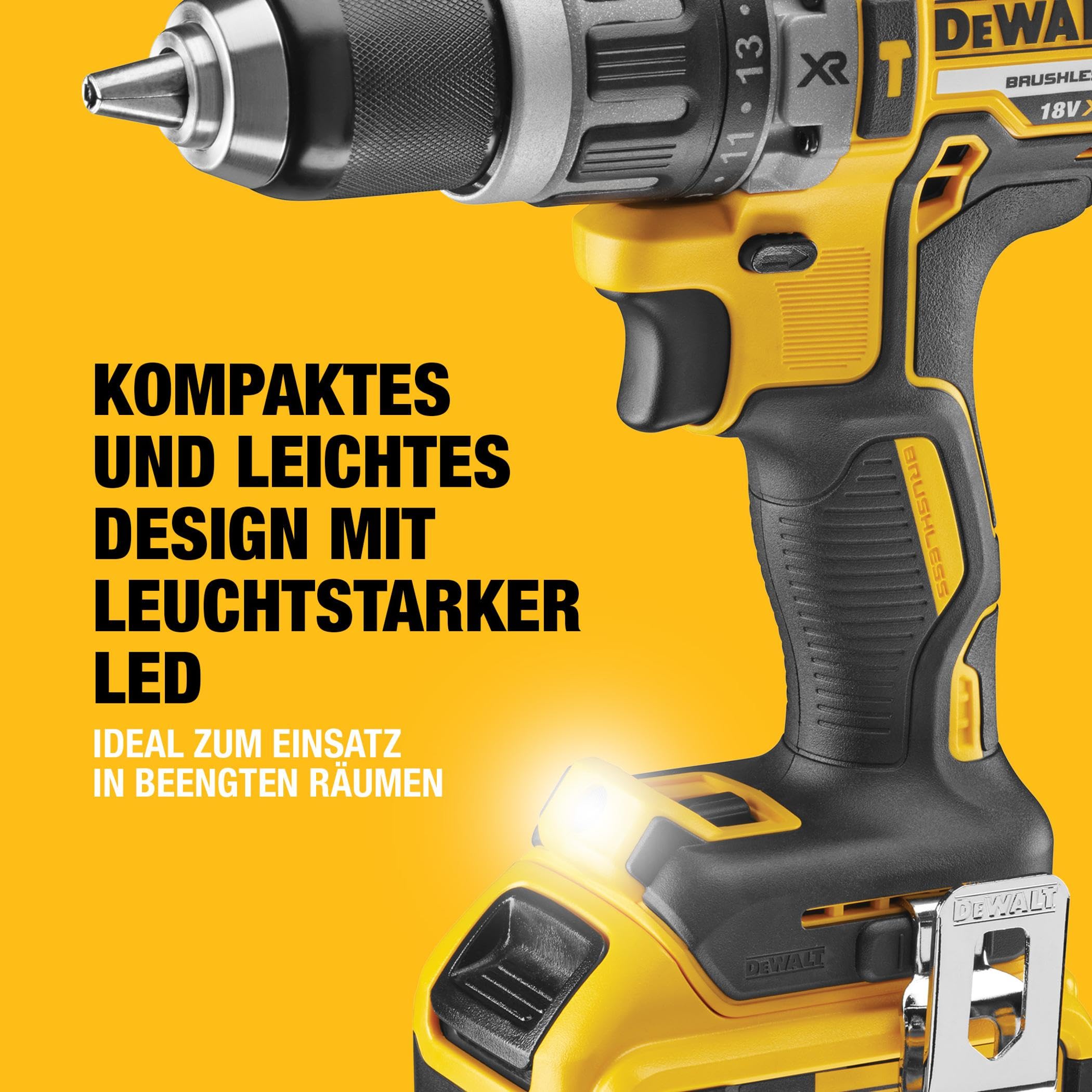 DEWALT XR 18 Volt Akku Schlagbohrschrauber (Bürstenloser Motor, 2-Gang Vollmetallgetriebe, max. Drehmoment 70 Nm, 15 Drehmomentstufen, 2x 18 Volt / 5 Ah Li-Ion Akkus und Ladegerät), DCD796P2-QW
