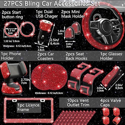 Miniatura 2 de NBTEPEM Juego de 27 piezas de accesorios de automóvil con brillantes rojos para mujeres, fundas de volante de ajuste universal de 15 pulgadas, marco