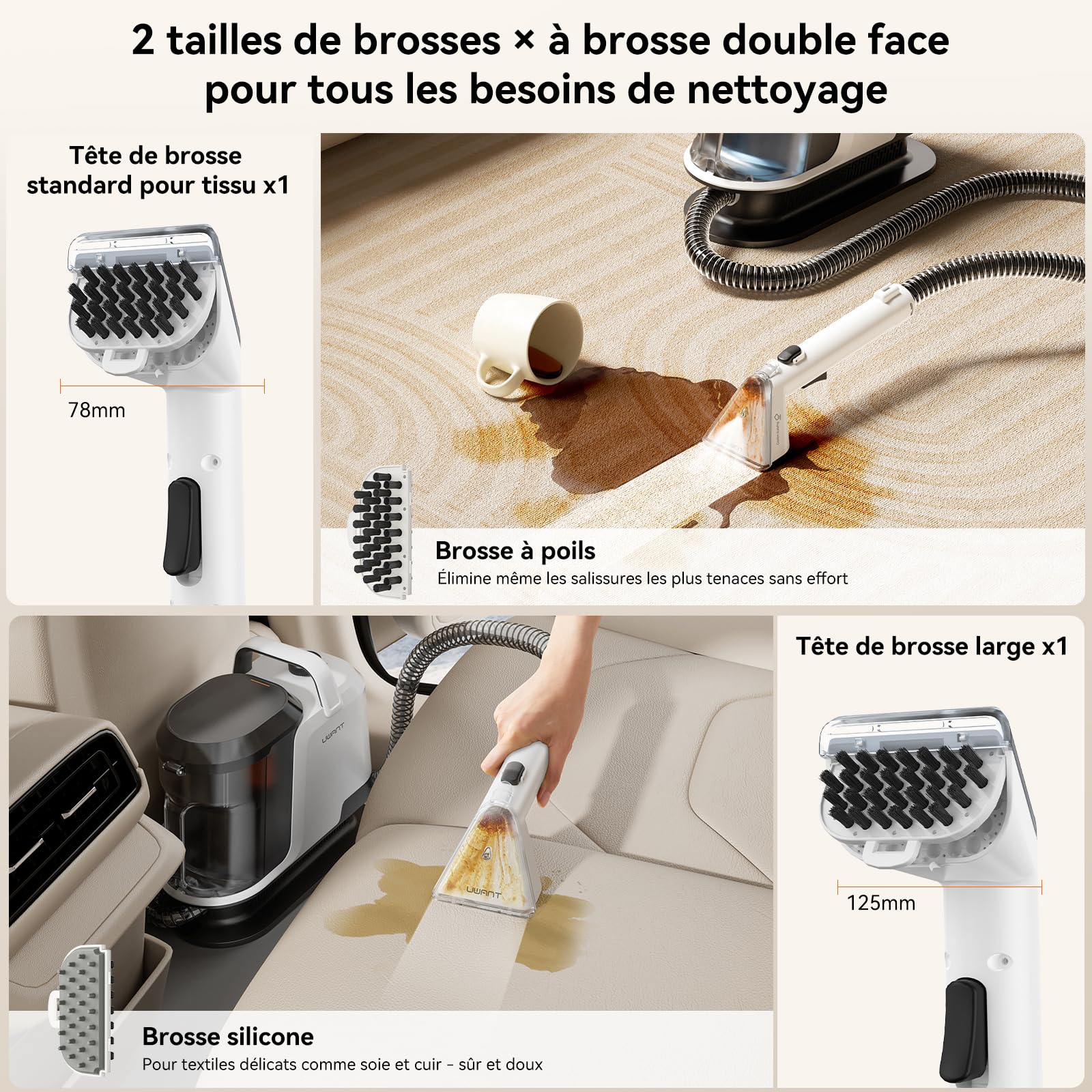 Uwant Y100 Steam 3-en-1 Shampouineuse, Nettoyeur Canapé Tissu 18KPA, 1750W, Nettoyeur Vapeur 100°C, à l'Eau Chaude 65°C, à l'Eau Froide, Auto-nettoyage, Injecteur Extracteur Tête Multi, Détergent