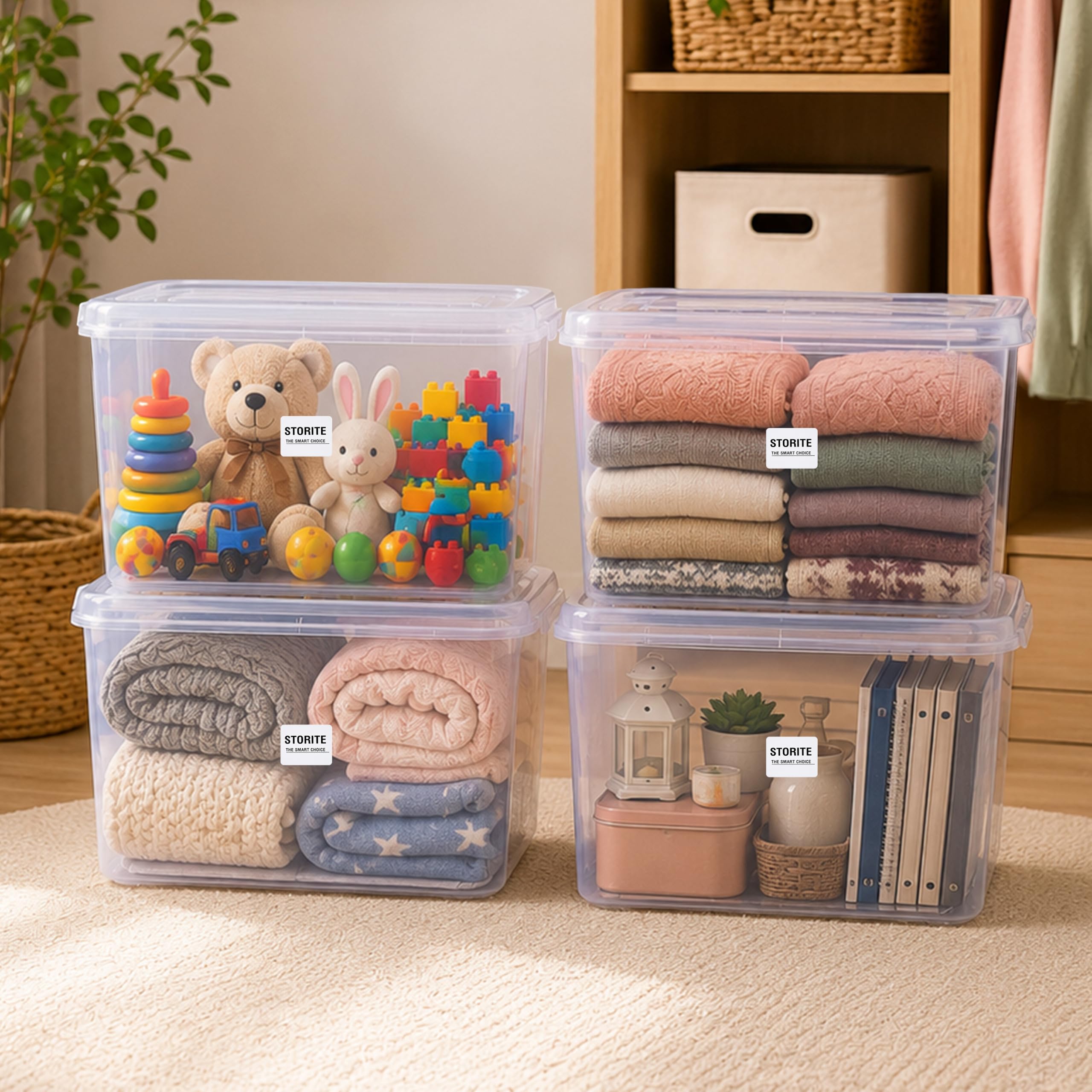 Storite 4 Pcs 35L Plastic Storage Box with Lid-Stackable Organizer Box | Storage Box for Clothes, Toys, Kitchen – Plastic Storage Container Basket for Home, Office, Bathroom(Transparent)-image-46