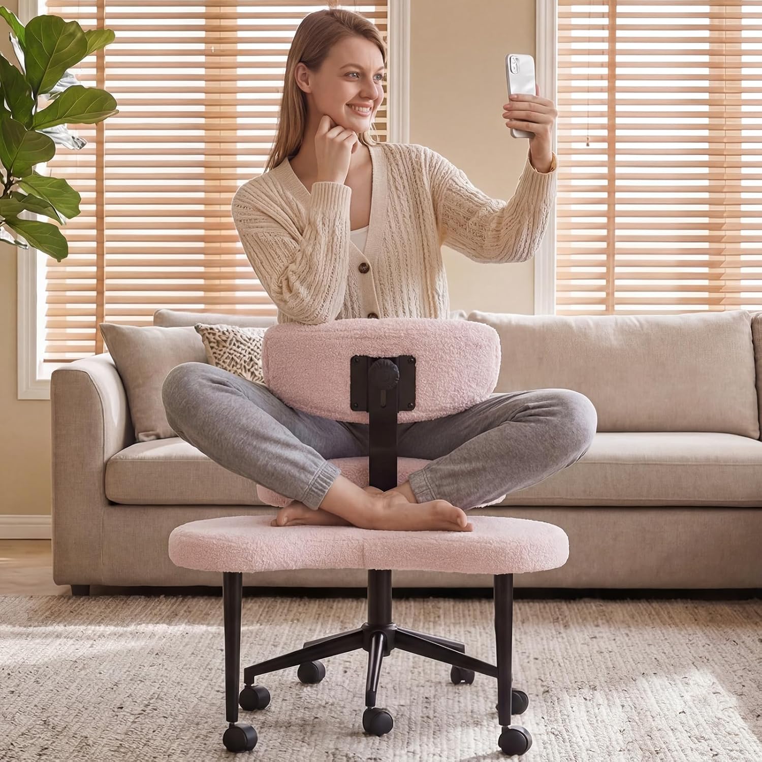 DUMOS Ergonomic ADHD Cross Legged Office Desk Chair with Adjustable Backrest, Height Adjustable Meditation Chair with 360° Swivel Footstool, Teddy Fabric Yoga Stool for Home Office, Pink