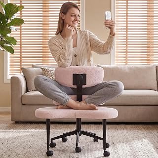 DUMOS Ergonomic ADHD Cross Legged Office Desk Chair with Adjustable Backrest, Height Adjustable Meditation Chair with 360° Swivel Footstool, Teddy Fabric Yoga Stool for Home Office, Pink - Amazon product rated Grade A