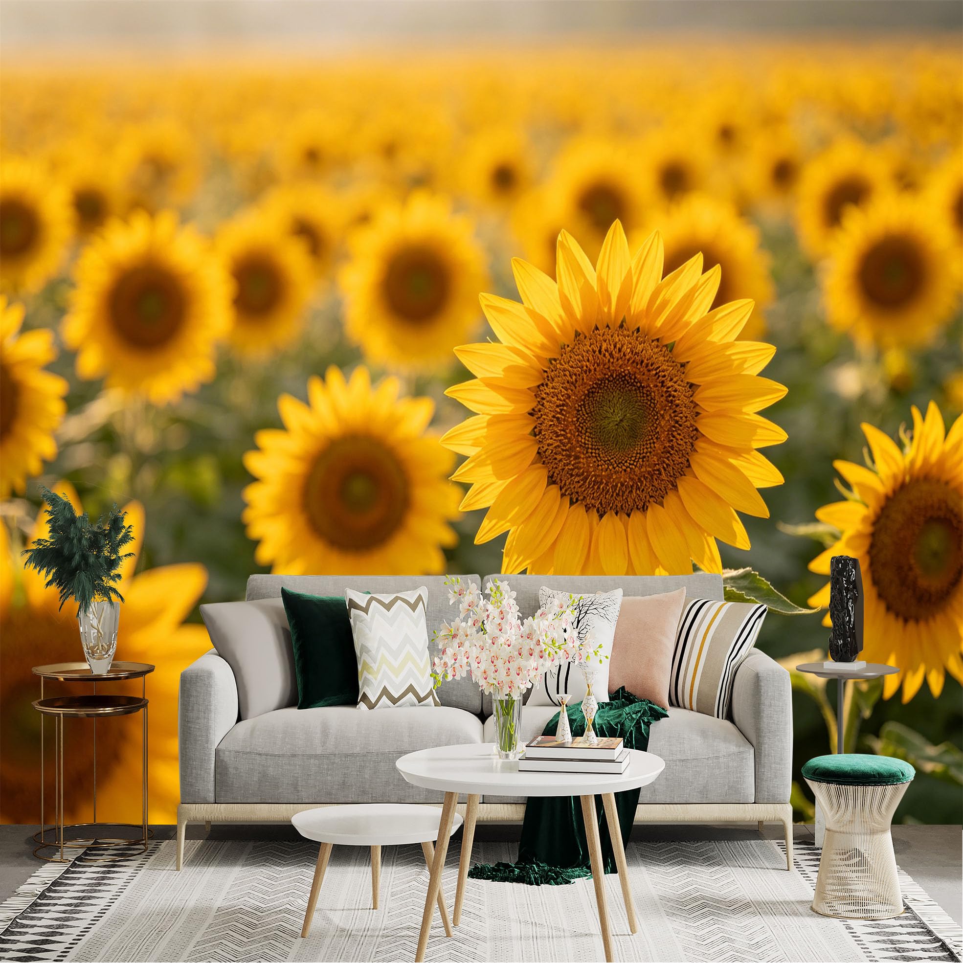 Lnzczhyre Dbh260521892 Custom Size Wall Sticker Mural， Vibrant Golden Sunflower Field， Sunny Summer Meadow， Warm Floral Scenery， For Wall Decoration， Peelandstick Wall Decals.