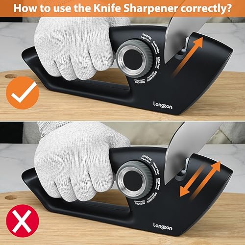 Miniatura 4 de Longzon Afilador de cuchillos 5 en 1 de 5 etapas para cuchillos dentados, tijeras con guante resistente a cortes, cuchillas pulidas originales de