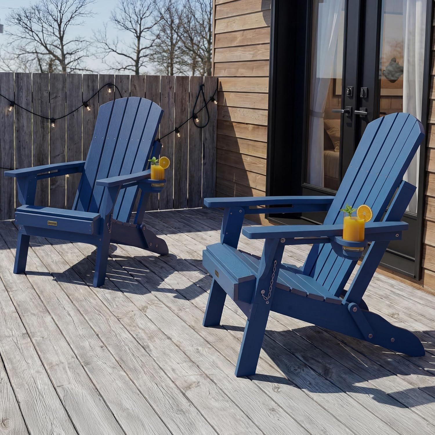 Adirondack Chairs Set of 2 Foldable Outdoor: High Back, Easy to Clean, Built-in Cup Holder, Weather Resistant, Fire Pit Chairs for Patio, Lawn & Pool, Plastic Adirondack Chairs, Navy Blue