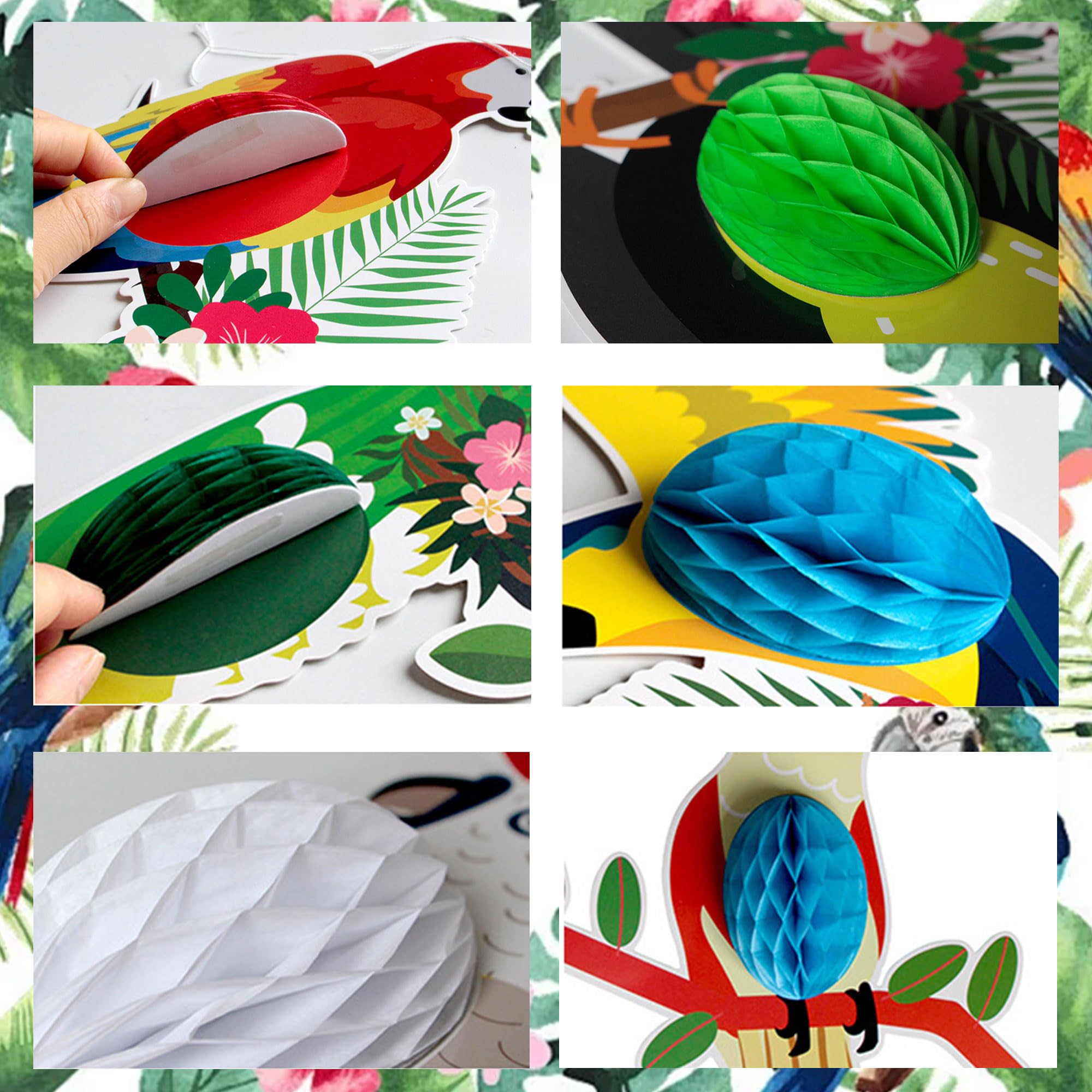 7PCS Tropical Bird Hanging Decorations Leaves Banner Tropical Birds Honeycomb Paper Cutouts Parrot Honeycomb Palm Leaves Banner Hawaiian Beach Luau Party Hanging Decorations Tiki Bar Supplies - Image 3