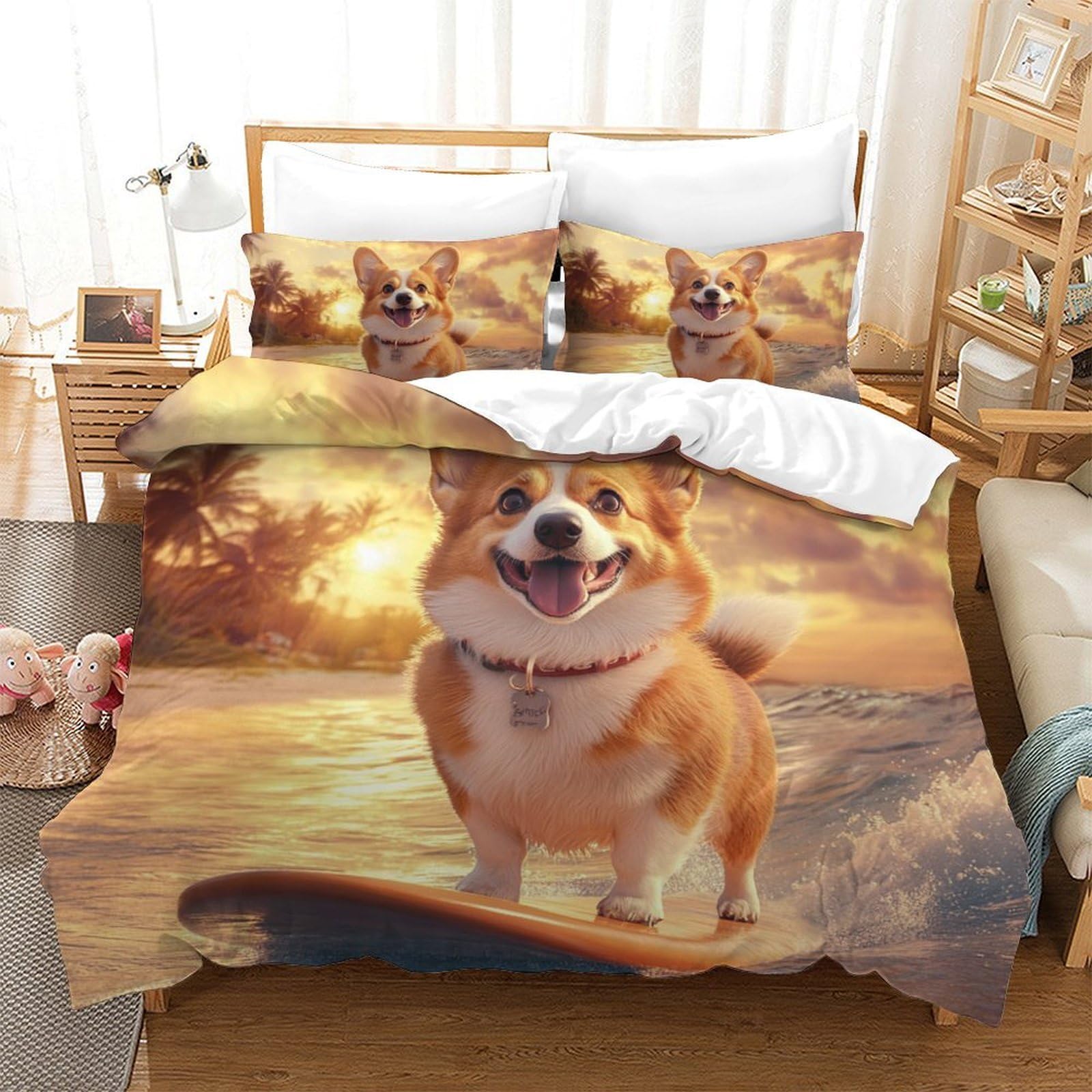 Housse de couette Corgi Surf en microfibres avec taies d'oreiller pour lit ado et adulte