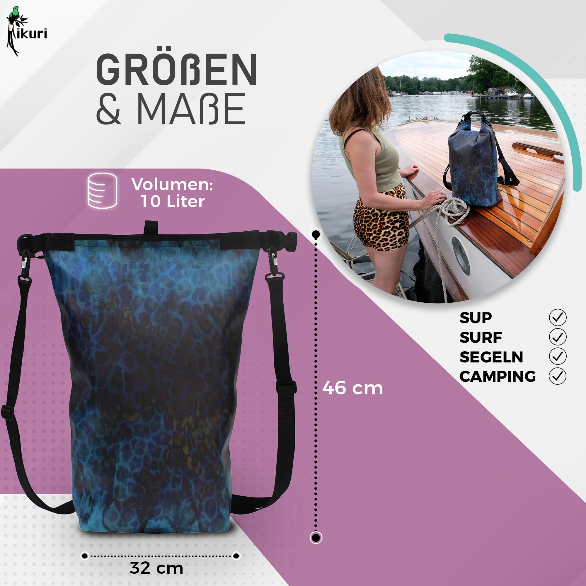 Ikuri Drybag Trockentasche Rucksack Rolltop Wasserdicht aus Plane - Tasche für SUP, Surf, Kayak, Outdoor - Design Pantera