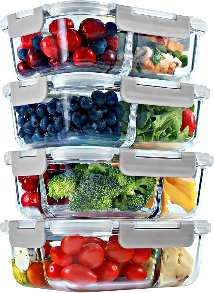 FIT Strong & Healthy 2 & 3 Compartment Glass Meal Prep Containers (4 Pack, 32 oz) - Glass Food Storage Containers with Lids, Glass Bento Box, Portion Control, Airtight, Oven & Freezer safe, Gray Lids