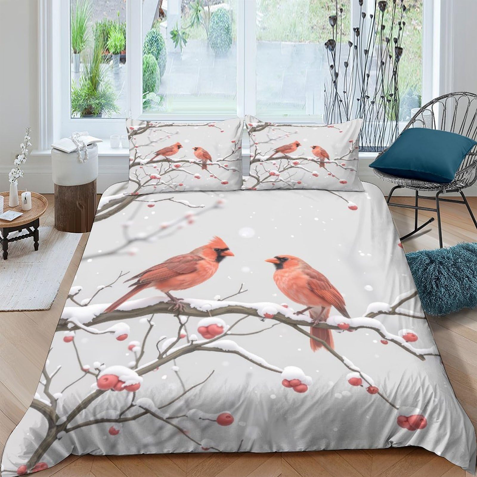Ctjqhvkz Style-3 3D Printed Red Cardinal Fitted Sheet Microfiber Soft Nature Bird Branch Bed Cover Bedroom Decor Single（135X200cm）
